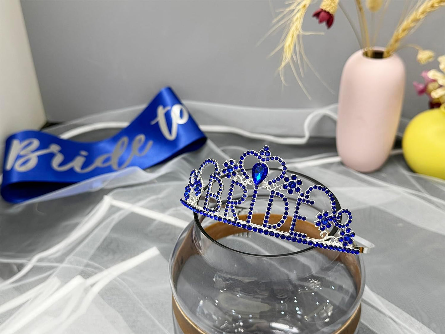 JETKONG 3 Pcs Bachelorette Party Decorations "BRIDE" Crown, Bride to Be Sash&Veil for Women Bachelorette Party Gifts, Bridal Shower Supplies, Gifts, Favors (Dark Blue)