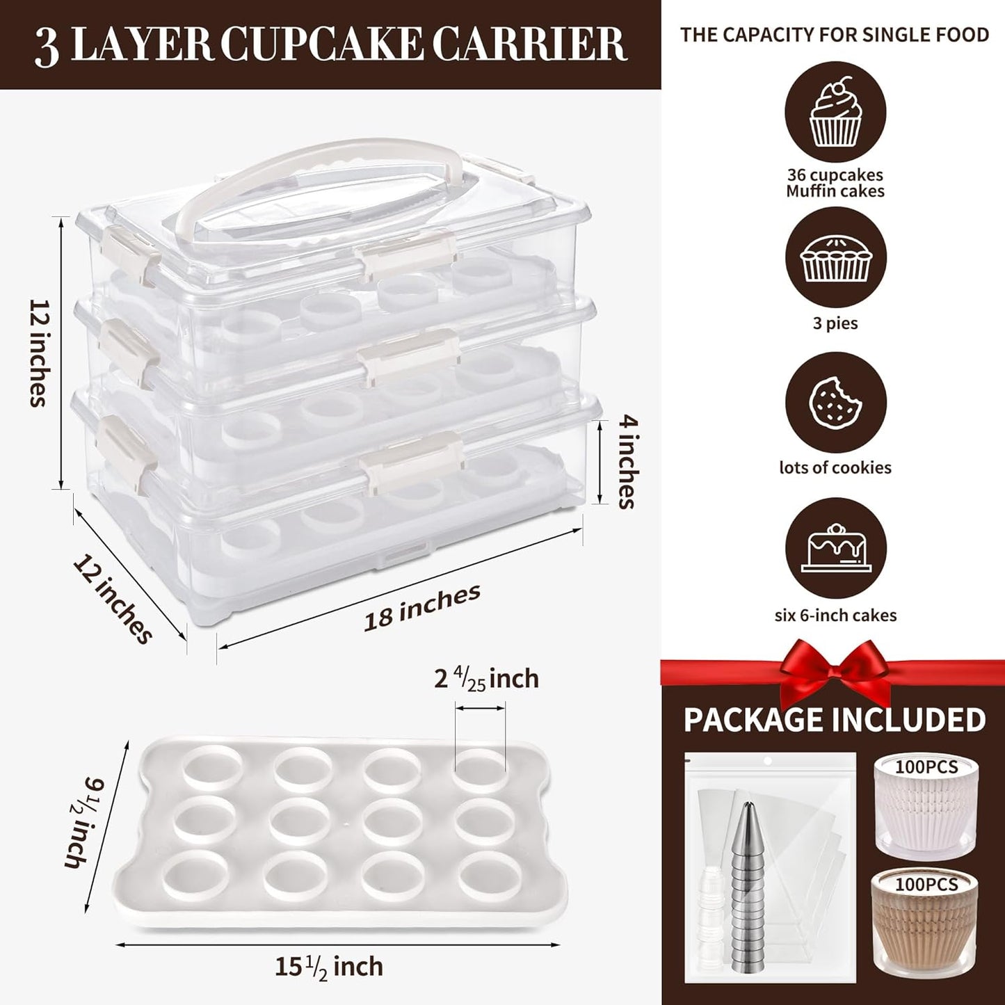 ARC 3-Tiers Cupcake Carrier (White) - Cupcake Holder and Cake Transport Container that Holds up to 36 Cupcakes or 3 Large Cakes - BPA-Free, Great for Parties & Festivals