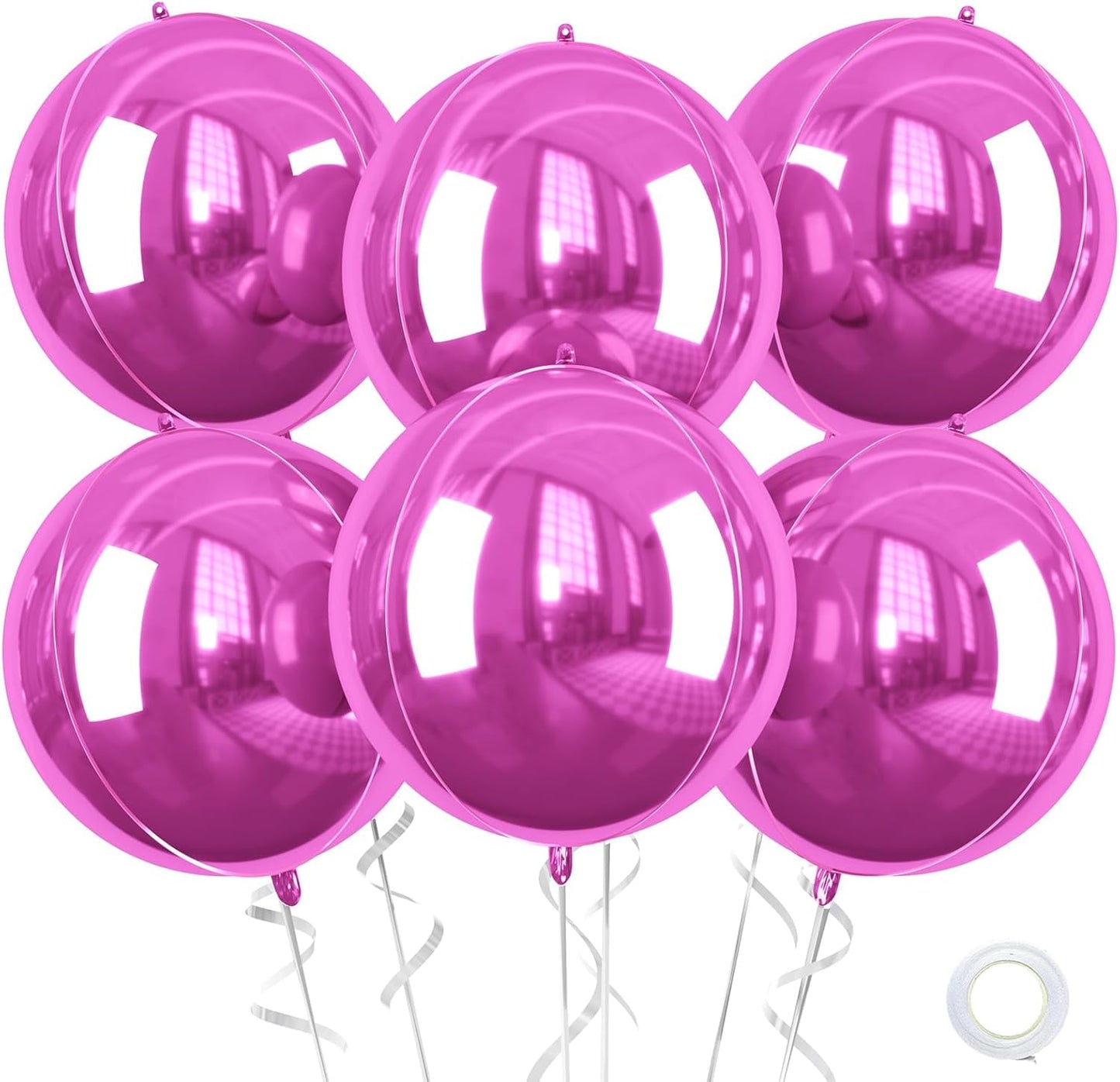 Giant 4D Foil Balloons, 6 Pcs Large Hot Pink Metallic Round Balloons, 22 Inch Big Round Hot Pink Foil Balloon for Kids Girls Prom Birthday Party Baby Shower Wedding Decorations