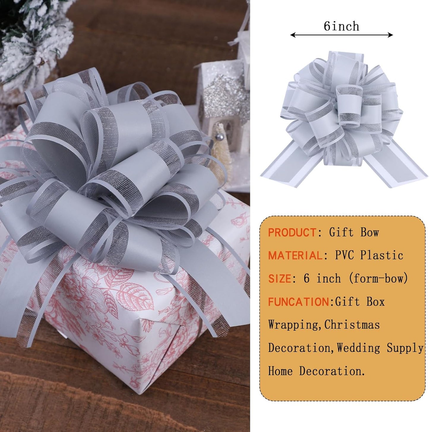 6Pcs 6inch Pull Bow Gift Wrapping,Pull Bow For Gift Basket, Gift Bag Box Wrapping Decor, Valentines Day, Birthday, Anniversary, Wedding, Flower Packaging (Gray)