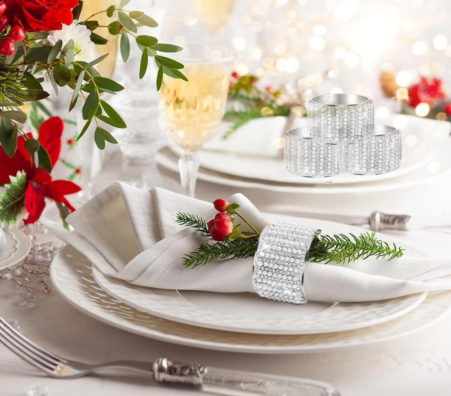 Silver Pearls 6pcs Napkin Rings Rhinestone Crystal Glass Framed Napkin Holder Handmade Serviette Buckles for Christmas, Easter, Thanksgiving Day Wedding Banquet Home Party Decoration Dining Table