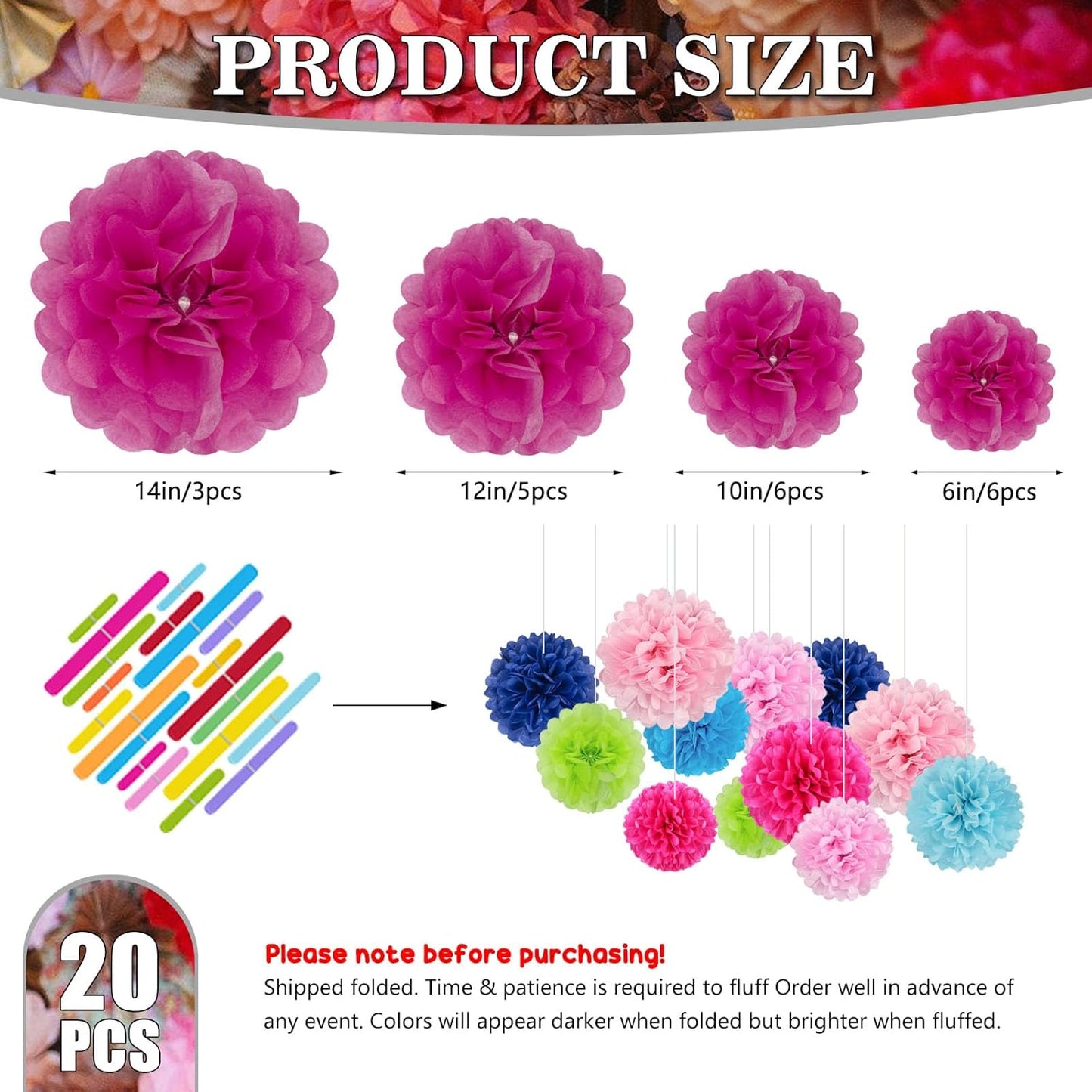 Tissue Paper Pom Poms, Fuchsia Tissue Paper Flowers, Hanging Flower Balls for Weddings Fiesta Parties Birthday Baby Showers Classroom Bridal Shower Decoration (20Piece Set-6/10/12/14Inch)