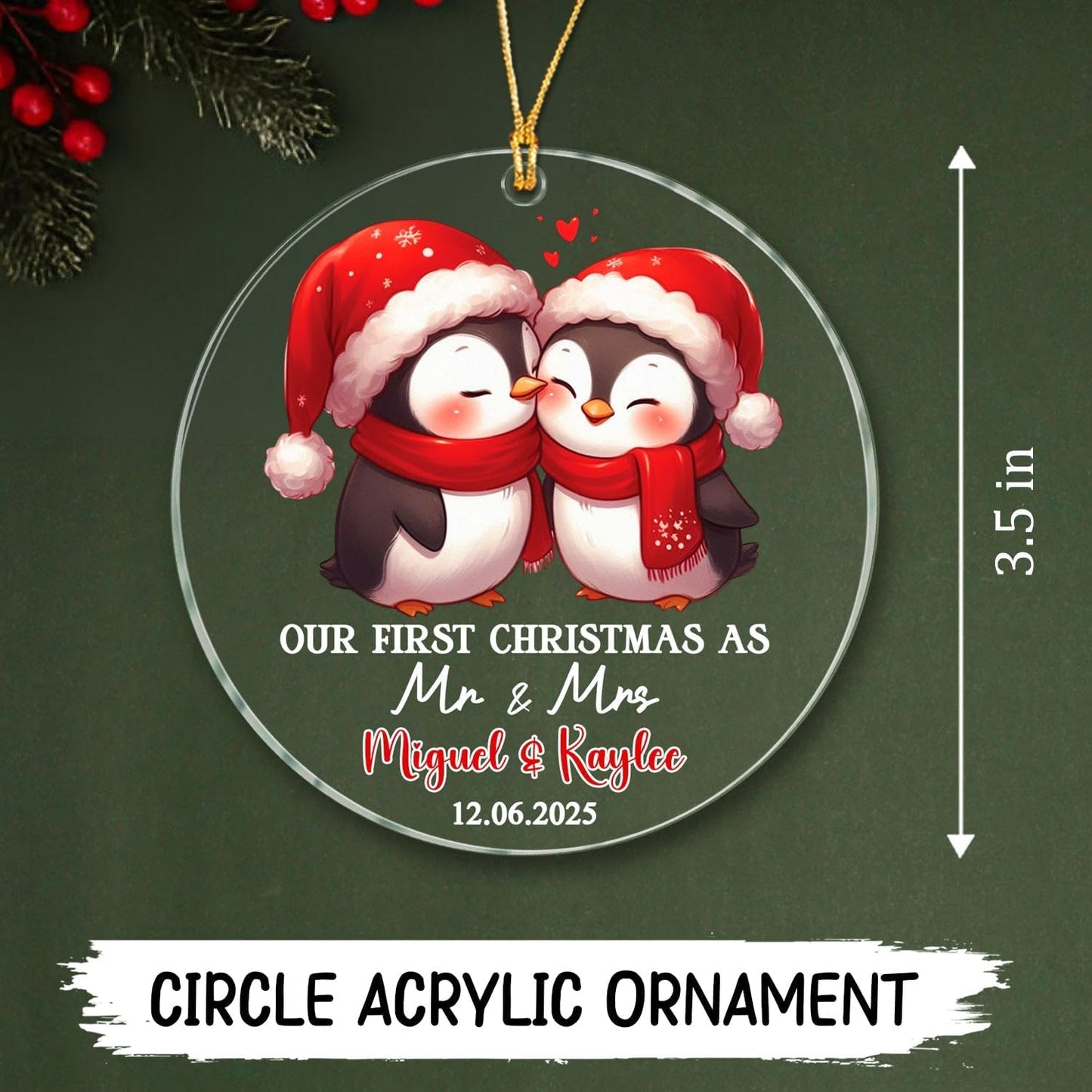 Custom 1st Christmas As Mr & Mrs Ornament Gift for Bride Groom Newlyweds, Personalized Penguin Mr & Mrs Married Ornament with Name/Date, Penguin Just Married Christmas Ornaments for Marriage Wedding