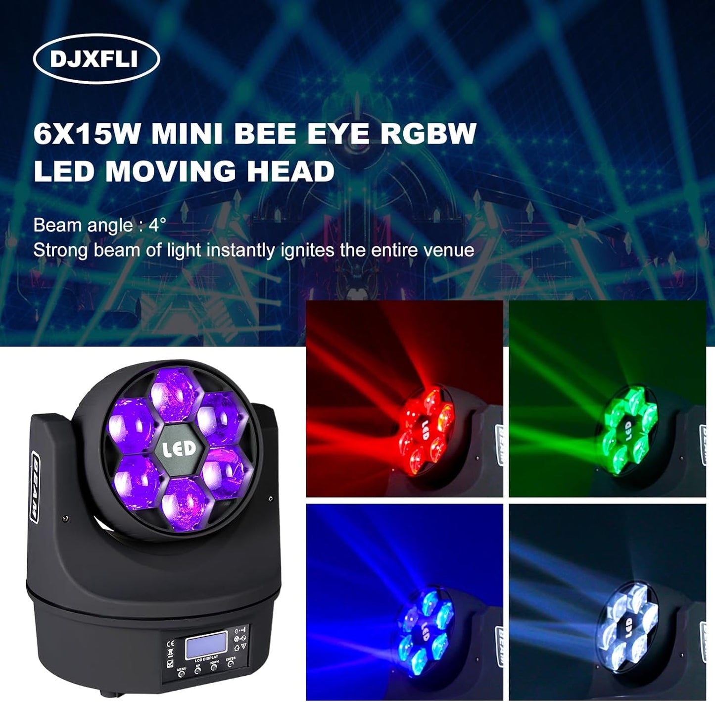 Moving Head Light 6x15W Mini Bee Eye Dj Light RGBW 4in1 LED Stage Lighting Rotate Beam Effect DMX512 Sound Activated for dj bar Parties Wedding Bar Church Show 2 Pack