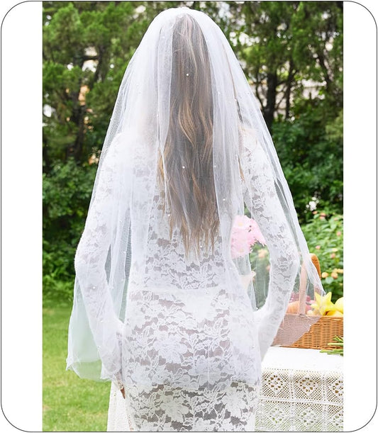 Lovasy Pearl Wedding Bridal Veil 1 Tier Long Veils with Metal Comb– Premium Wedding Accessories for Brides Bachelorette Party