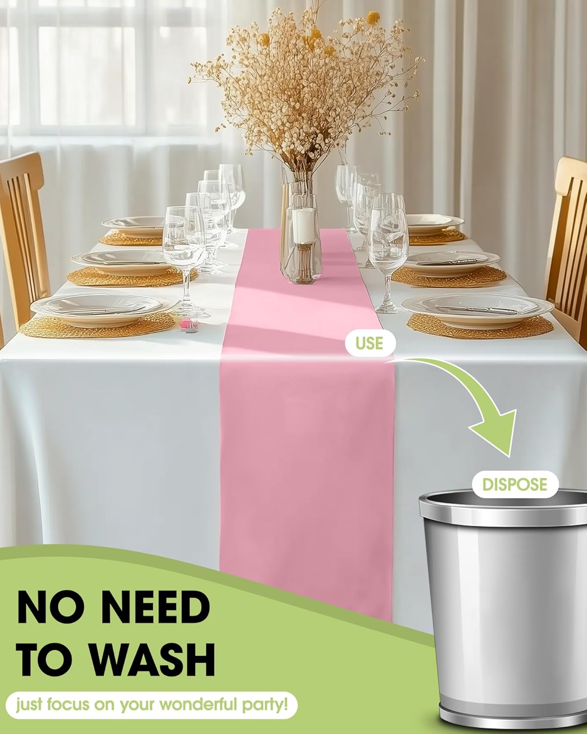 Pureegg Light Pink Plastic Table Runners - 10 Pack, 14'' x 108'', Water Resistant & Disposable Centerpiece Decorations for Table Cloth, Wedding, Birthday, Holiday, Baby Shower, Party, Home Decor