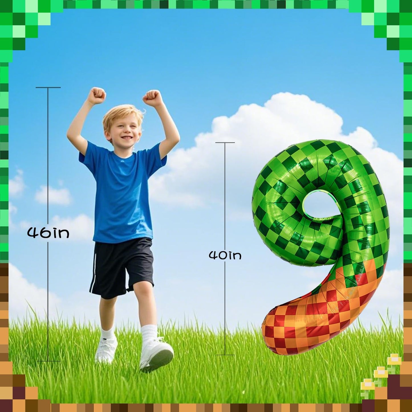 Pixel & TNT Theme 40in Giant Number Balloons - Foil Mylar Birthday Party Decorations for Kids Adults Cumpleaños, Block Style Pixel Art Shape Balloon Decor Supplies (Pixel, Number 9)