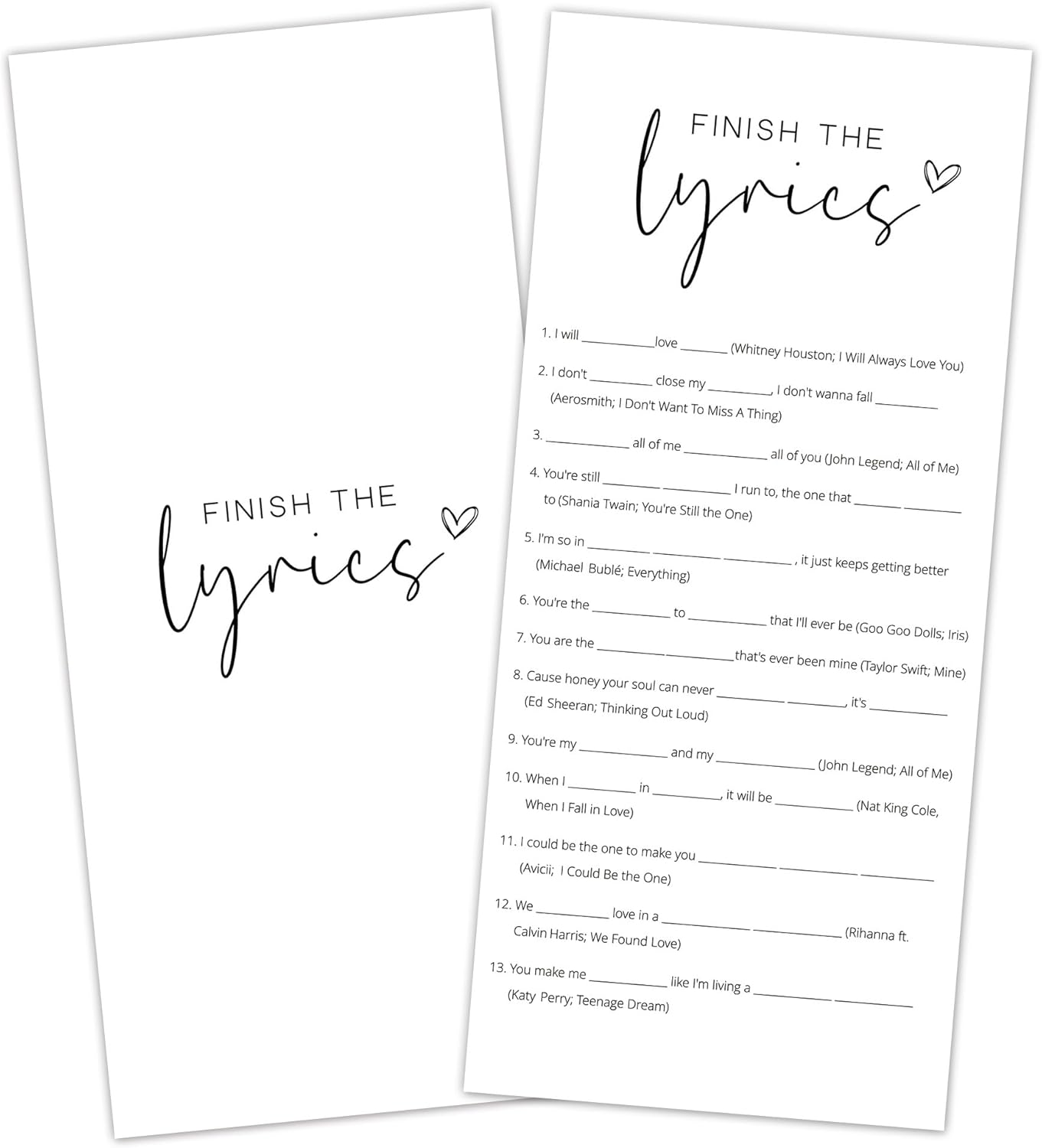 Bridal Shower Games, Finish the Lyrics, 25Pcs 4x9inch Minimalist White Double-Sided Bridal Game Cards with 1 Answer Key, Wedding Shower Games for Guests, Engagement Bachelorette Party Supplies - A09
