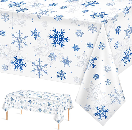 1 Pieces Snowflake Christmas Party Tablecloth Decorations,Plastic White Snowflake White Blue Xmas Backdrop Sign Table Cover Banner for Winter Christmas Holiday Party Supplies,54x108 inch（White/Blue）