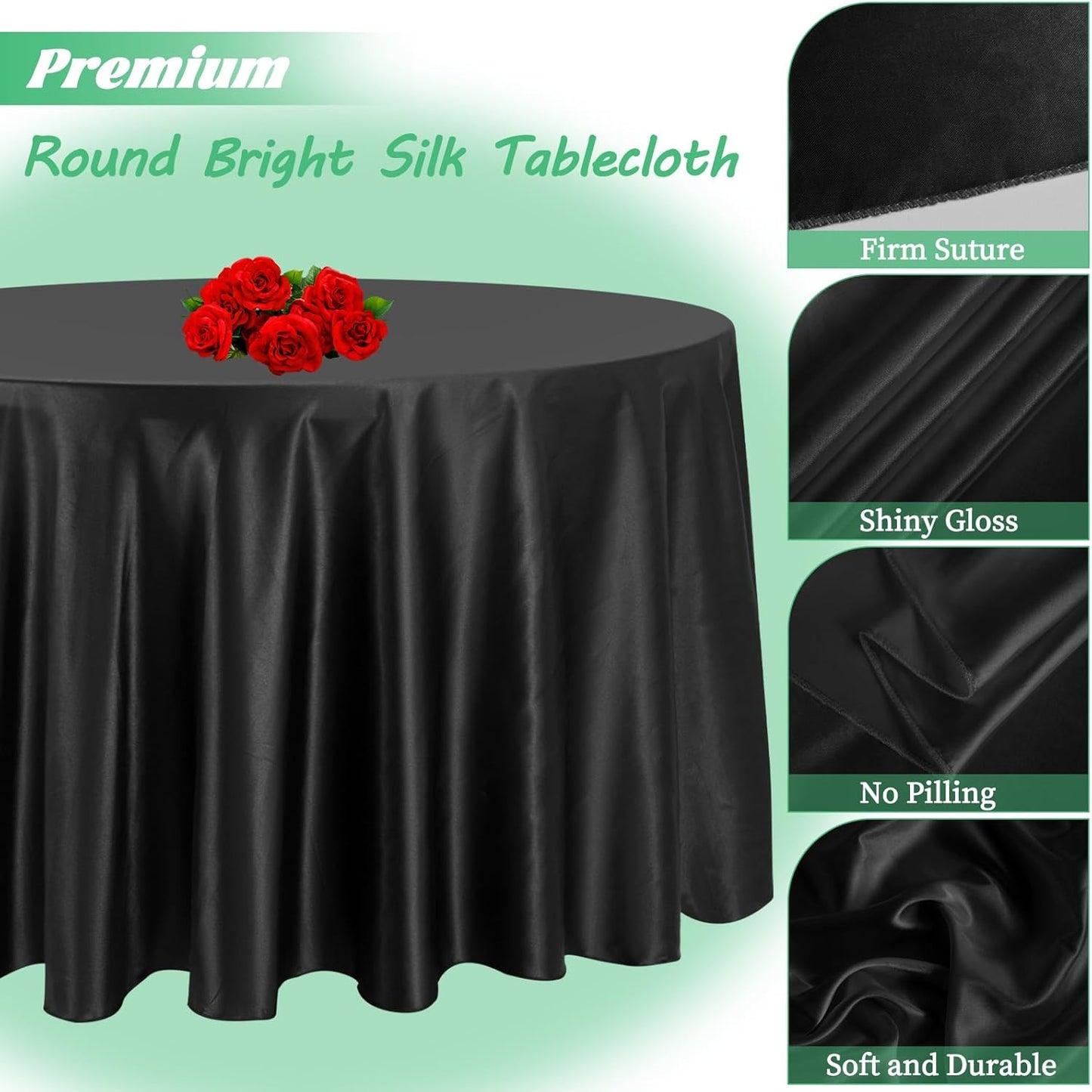fani 12 Pack 120 Inch Black Satin Tablecloth - Premium Bright Silky Round Tablecloth Overlay Smooth Fabric Table Cover, Table Decoration for Wedding Party Banquet Events Restaurant Kitchen Dining