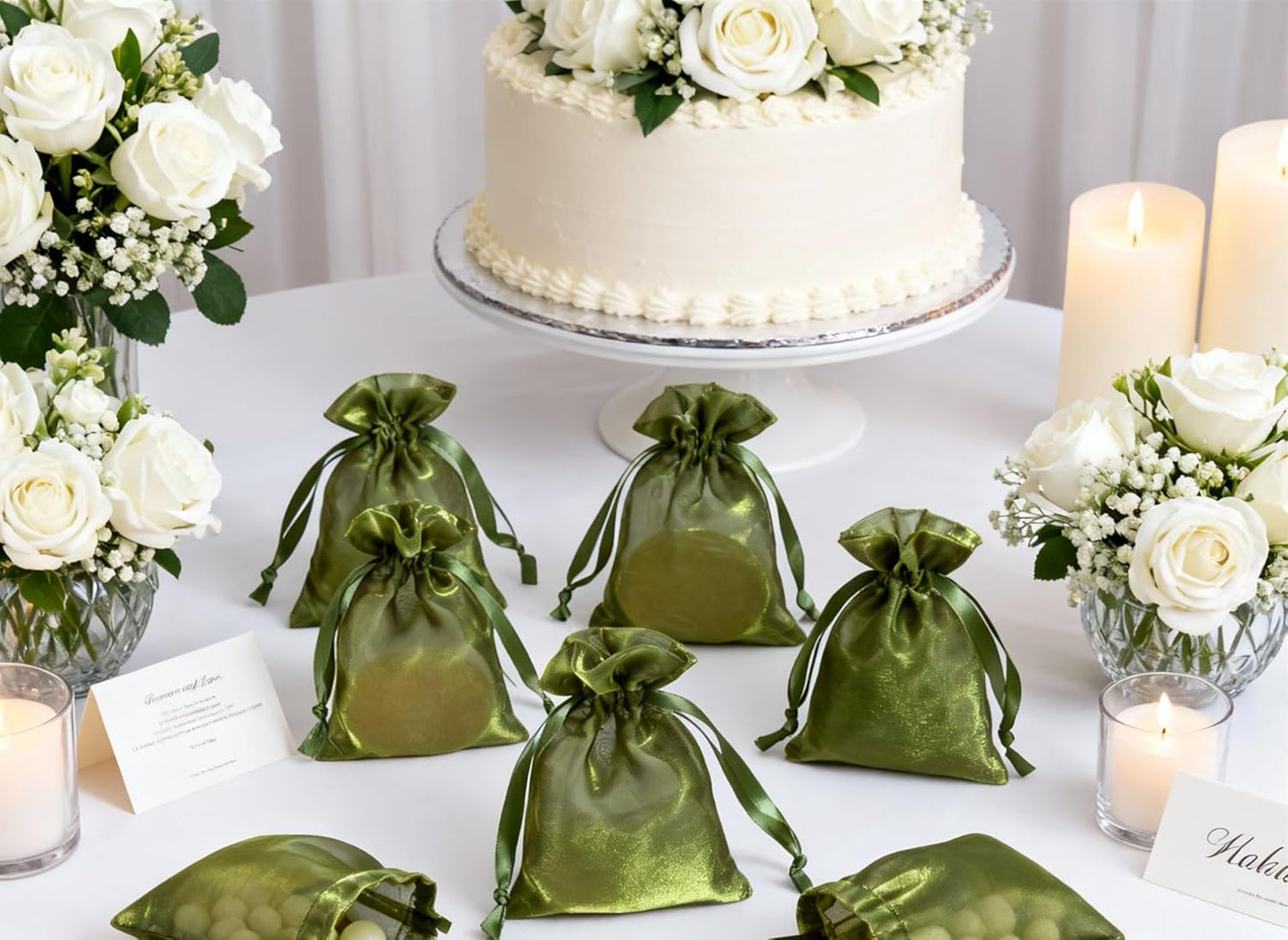 QIANF 20 Pcs Moss Green Small Organza Bags 4X6 inch for Wedding Favors with Drawstring, Mini Mesh Gift Bags Jewelry Pouch for Candy Bridal Shower Party Favor Baby Shower Christmas