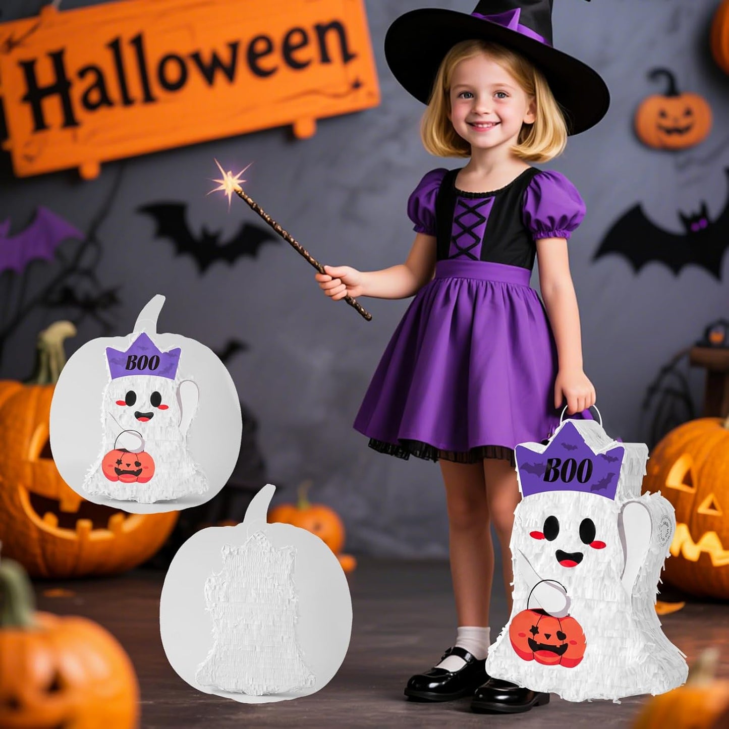VINTS Halloween Piñata,Cute Ghost Piñata with Blindfold Stick,Pinata for Kids Birthday Party,Trick or Treat Game,Halloween Theme Parties Decorations(16.54×12.20×3.15 in)