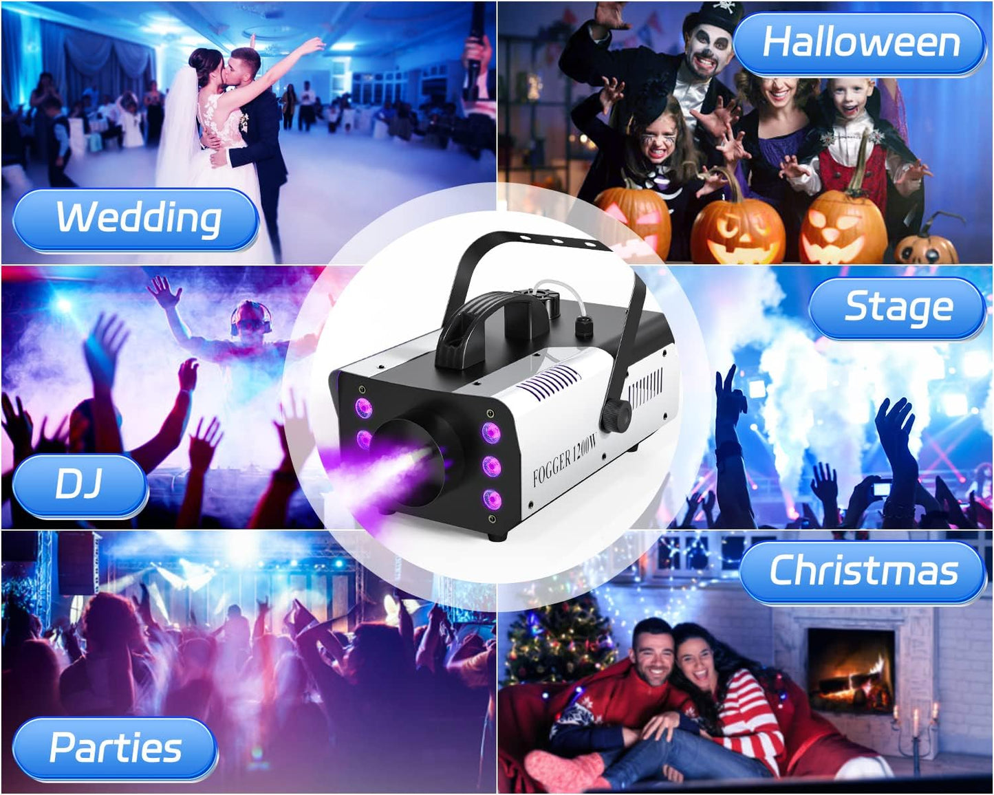 1200W RGB Fog Machine, 6 Colorful LED Lights for Smoke Machine Indoor/Outdoor Use, Perfect for Halloween Parties, Weddings, and Stage Effects 4PC