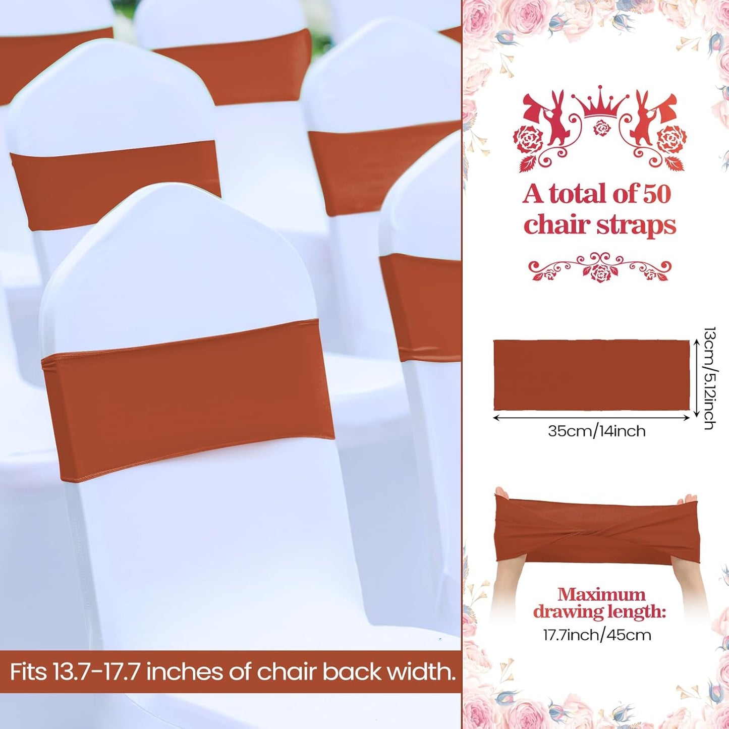 Kinlop 50 Pcs Spandex Chair Sashes Bows Chair Bands Slider Sashes for Covers Elastic Bands Ties Without Buckle Decorations for Wedding Party Events Ceremony Birthday(Terracotta)