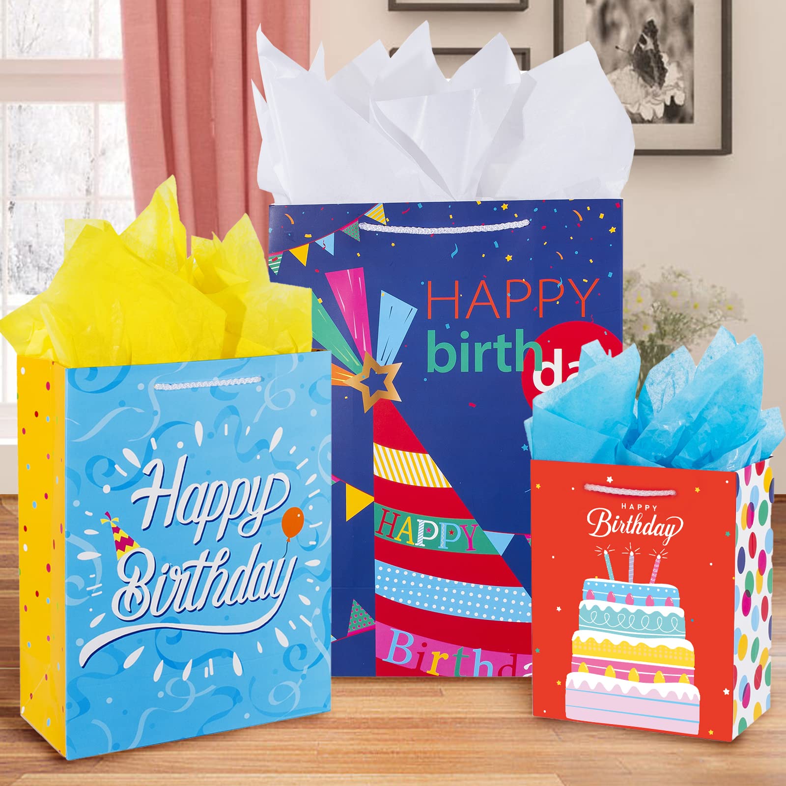 Birthday Gift Bag with Handle and Tissue Paper, 12 Pcs Gift Bags Assorted Sizes and Designs, Large