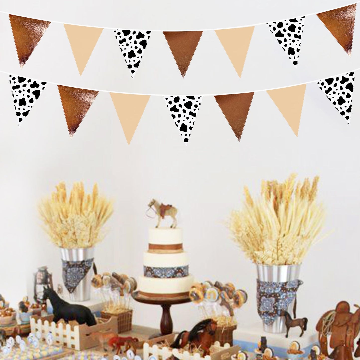 32Ft Cow Party Decorations Western Cowboy Triangle Flag Fabric Banner Pennant Garland Streamer for