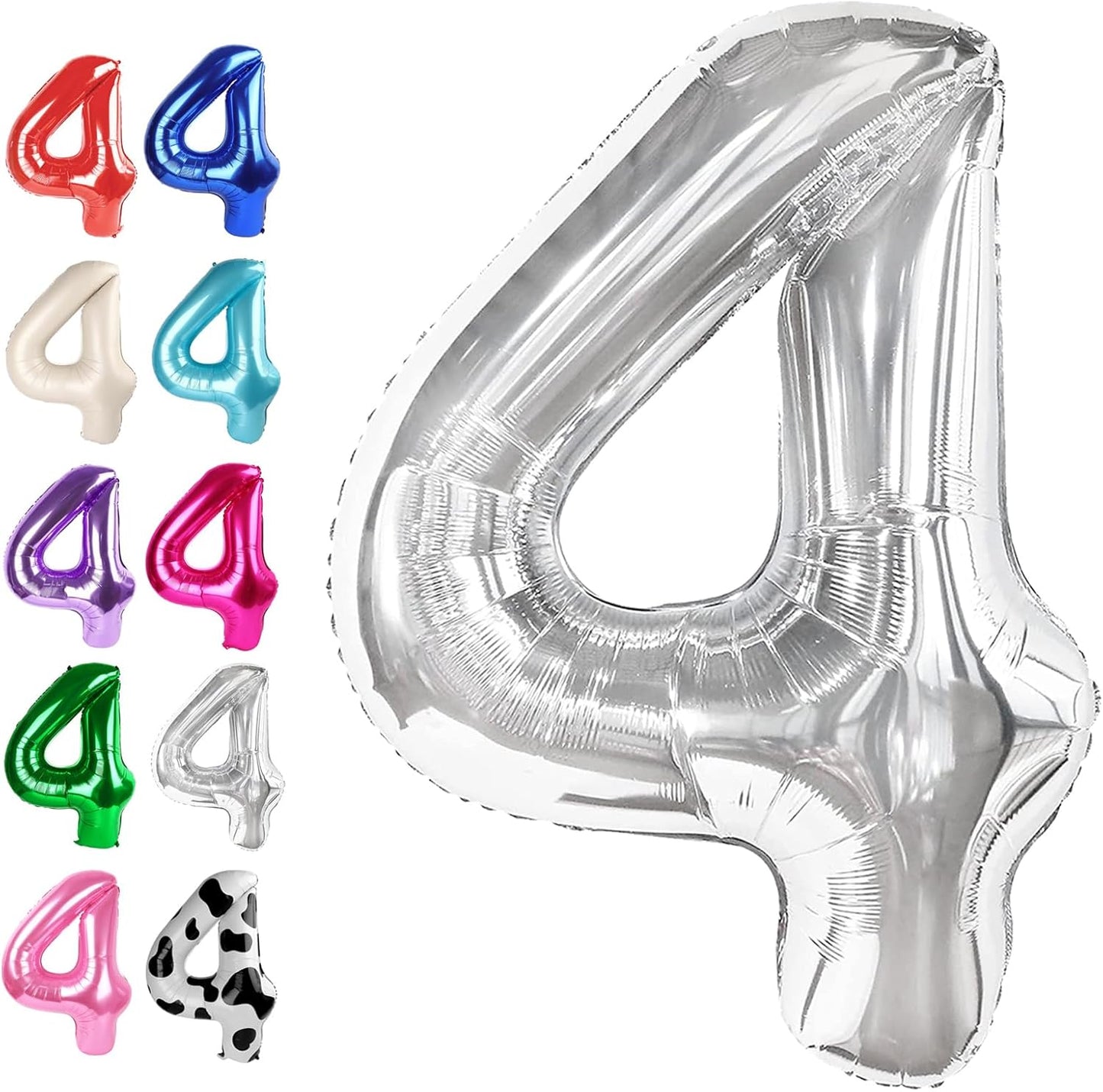 40 Inch Silver Large Number 4 Birthday Balloon, Giant Number Four 14 24 34 40 44 Balloons, Foil Mylar Big Balloons for Anniversary Graduation Supplies Decorations