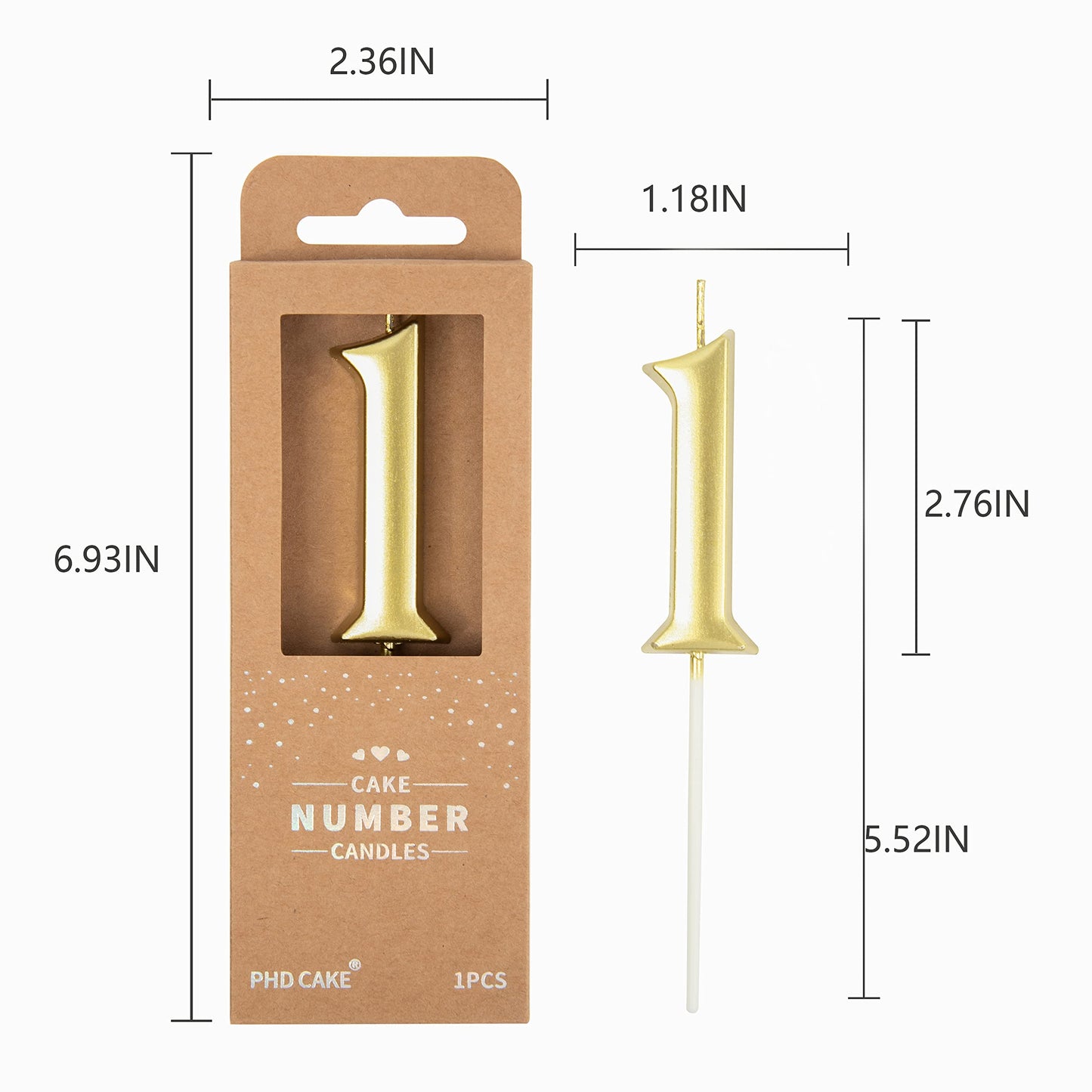 PHD CAKE 2.76 Inch Elegant Gold 1 Number Birthday Candles, Gold Number Candles, Cake Number