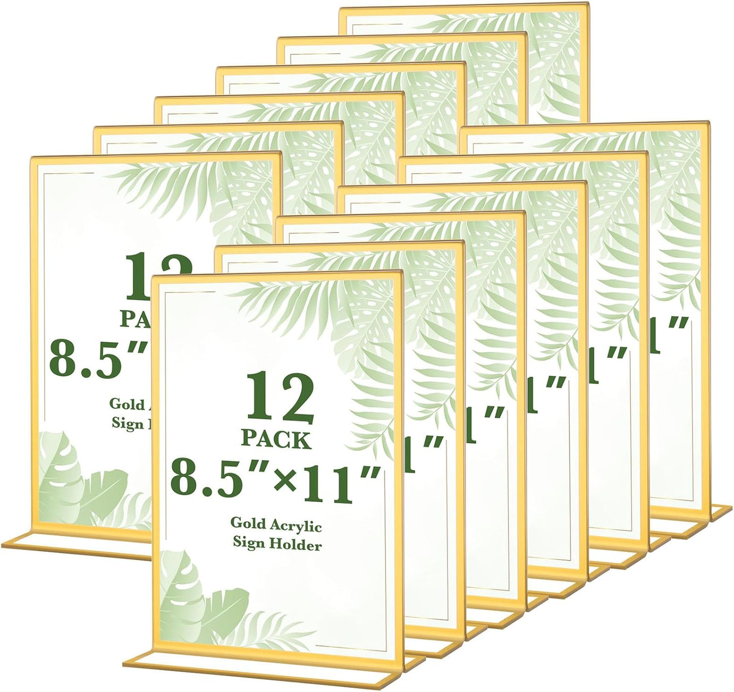 12 Pack Gold Acrylic Sign Holders 8.5x11 Inch, Double Sided Clear Acrylic Frames for Menu Displays, Wedding Table Numbers, Event Signage, Restaurant Posters and Office Document Holders