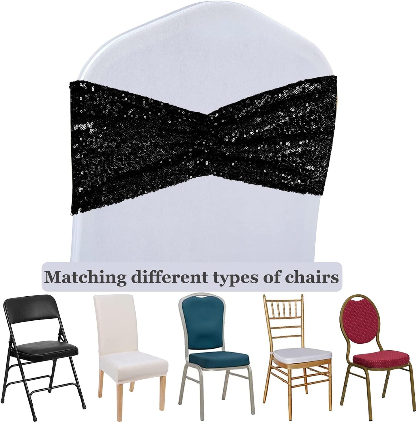 SquarePie Pack of 100 Chair Sashes Sparkly Black Sequin Bands for Wedding Party Banquet Home Decor