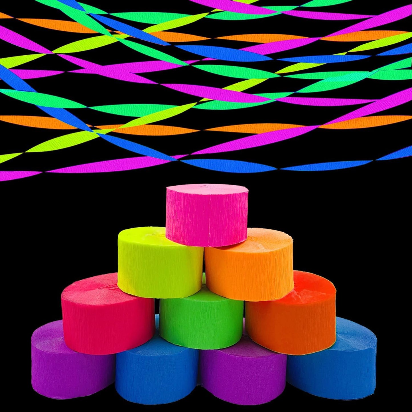 1776 feet Glow Party Neon Streamer Decorations Glow Crepe Neon Paper Streamers UV Reactive Blacklight Fluorescent Glow in The Dark Party Supplies and Decorations Wedding Birthday