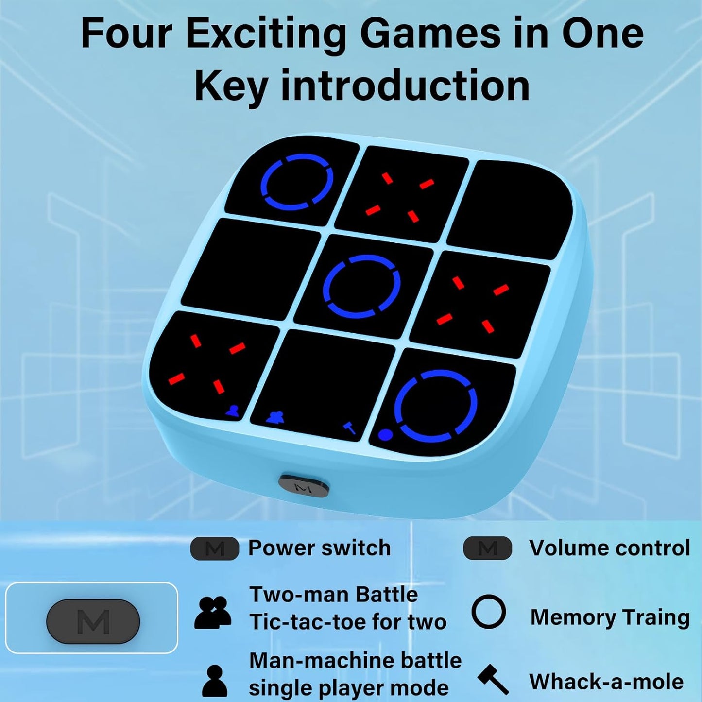 Tic-Tac-Toe Bolt Game, 4-in-1 Handheld Puzzle Games Console, Electronic Tic-Tac-Toe Game for Educational and Memory Growth, Portable Travel Games for Car Ride, Board Games for Kids and Adults (Blue)