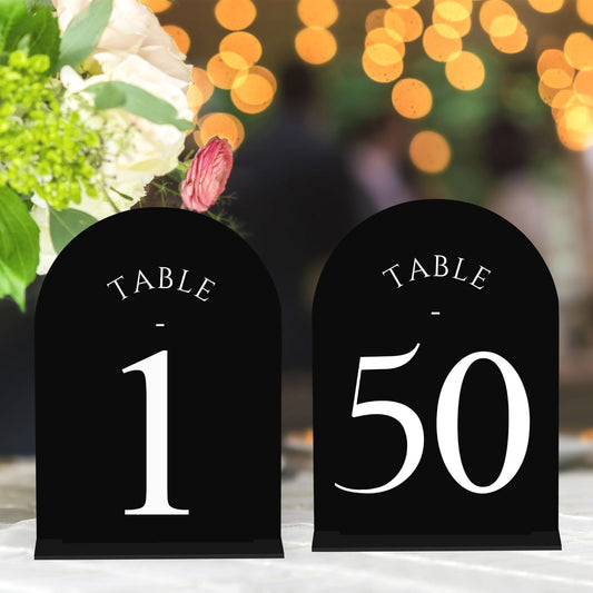 JOYIT Arch Wedding Table Numbers 1-50 with Stands Double-Sided Printed 5" X 7" Acrylic Table Signs with Black Background White Text, Perfect for Wedding Receptions, Parties