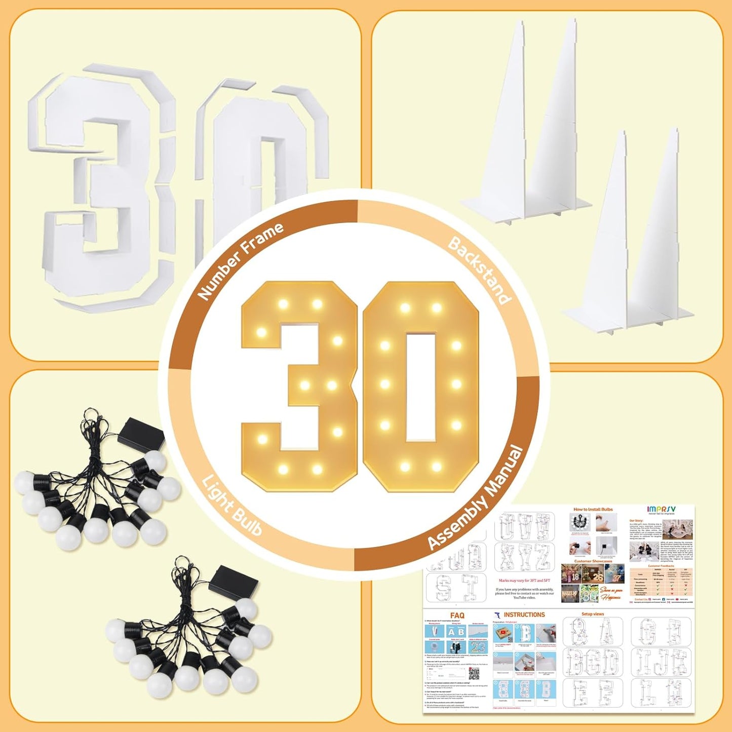 imprsv 4FT Light Up Numbers, Marquee Numbers 30th Birthday Decorations for Women, Men Foam Board Anniversary Party Decorations Arch Kit (DIY)