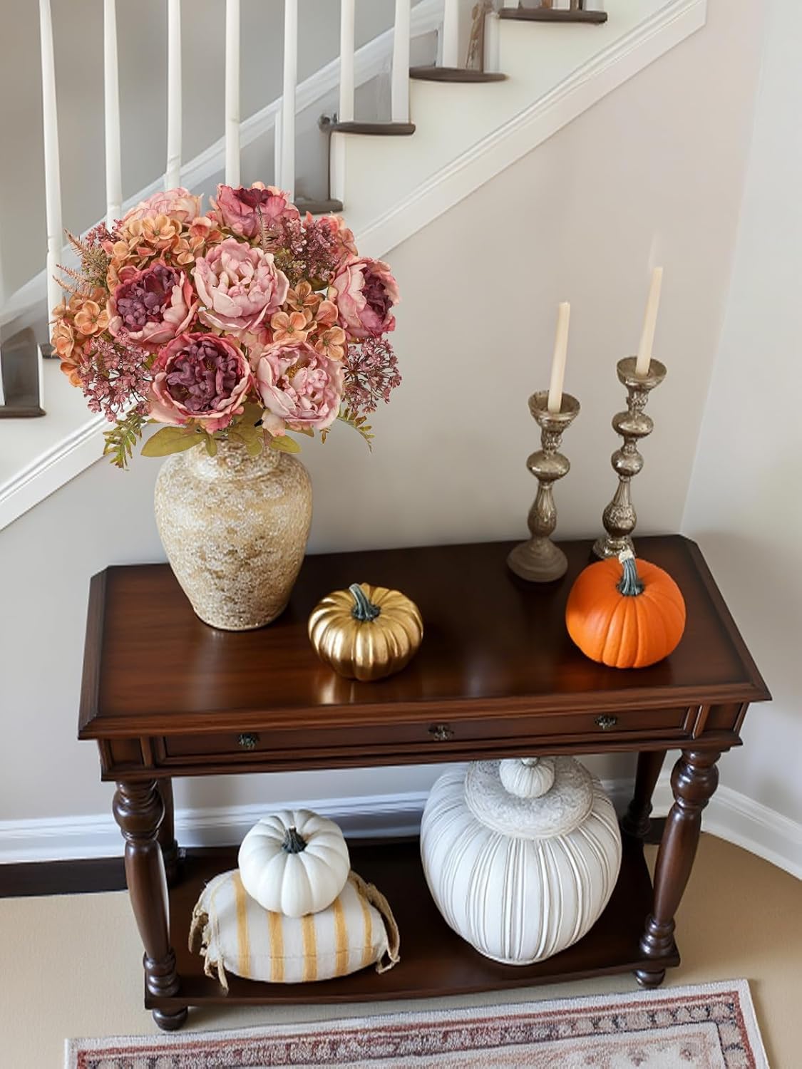 Hollyone 2Pcs Artificial Fall Flowers Bouquet 18.8" Pink Dried Peony Hydrangea Fake Fall Floral Silk Flowers Autumn Faux Flower Arrangement for Home Wedding Table Centerpieces Thanksgiving Party Decor