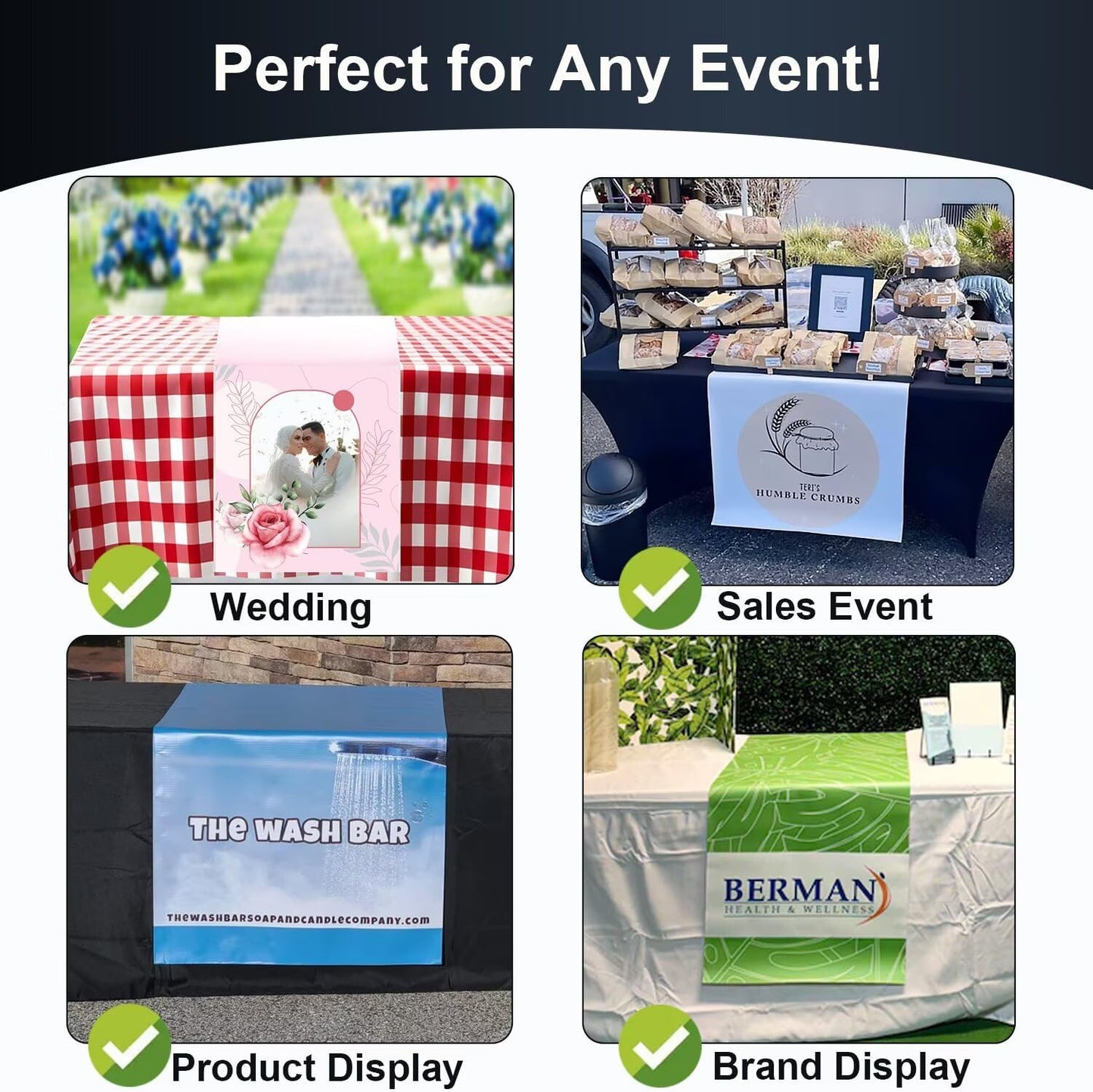 Made in USA - Custom Table Runner with Business Logo 12"x72" to 36"x72", Personalized Table Banner for Events, Birthday, Wedding