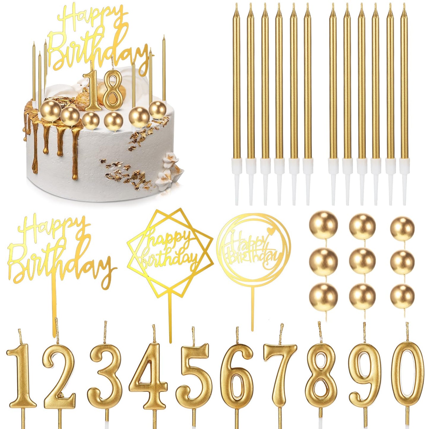 Yerliker 34 Pcs Happy Birthday Cake Toppers Decorations Birthday Candles DIY Cake Decor for Men