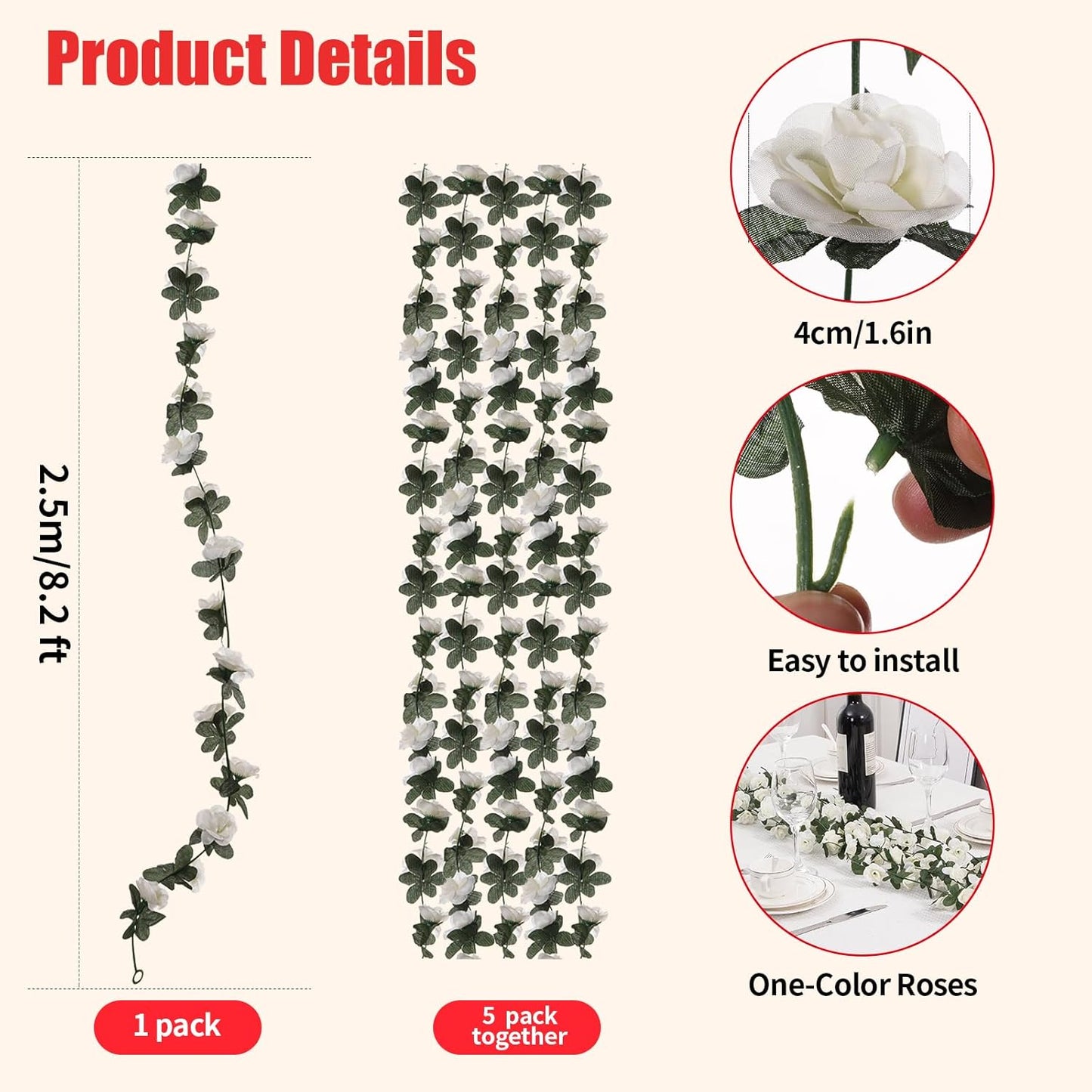 5 Pcs 41FT Flower Garland, Artificial Rose Garland Flowers Plants Fake Flower Hanging Rose Ivy, Birthday Party Valentine's Day Wedding Wall Arch Decor（White）