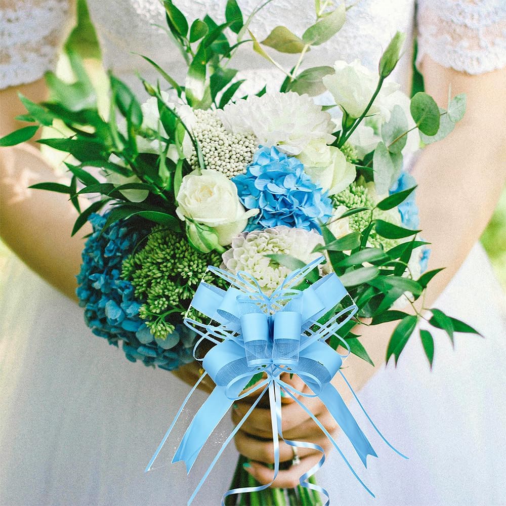 WEWILUCK Gift Wrap Bows Big, Blue Bow for Gift Baskets, Flower Bouquet, Paper, Pull Bows for Gift Wrapping, Gift Bag, Box, Baby Showers(8 inches, 10PCS)