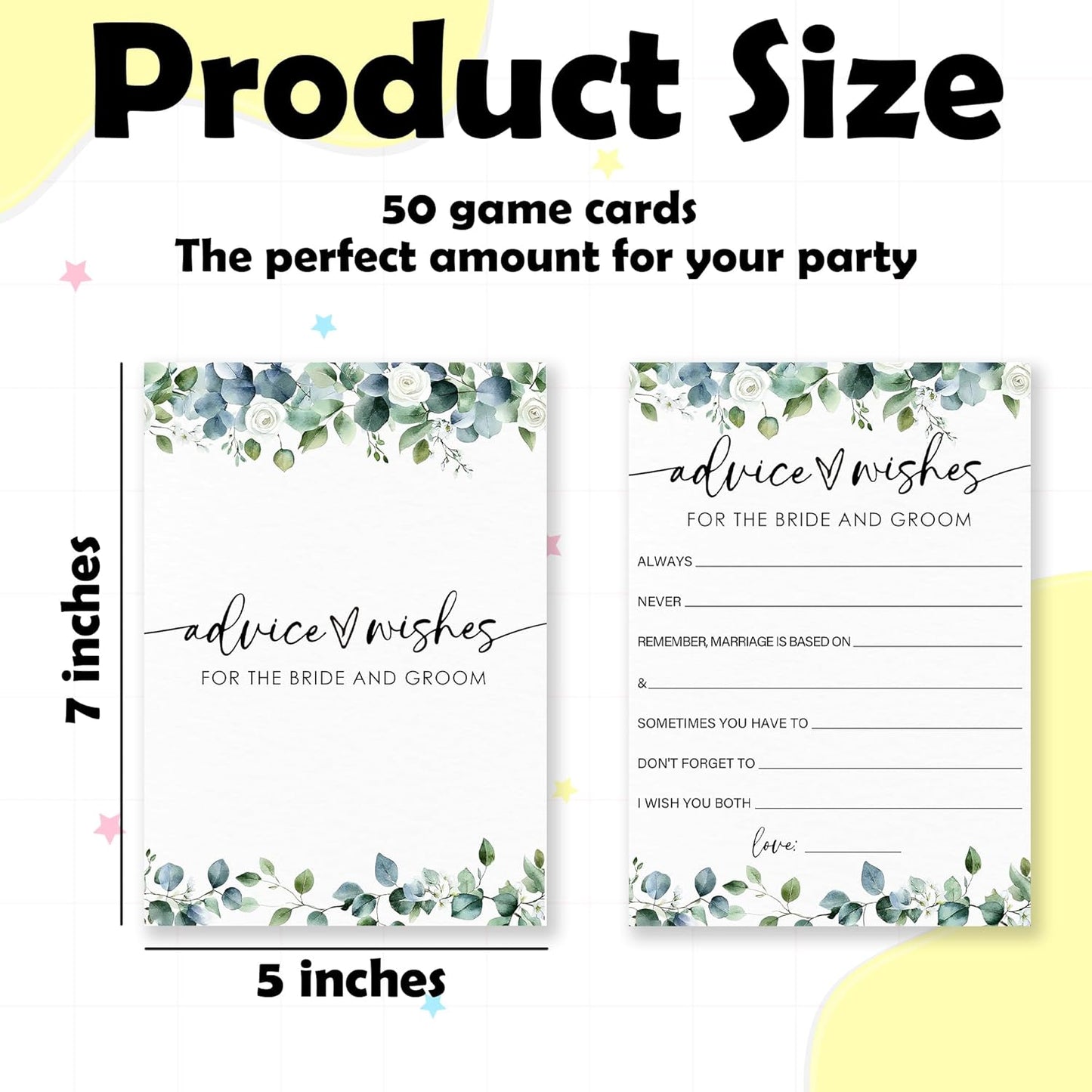 Advice & Wishes - Botanical Bridal Shower Game Cards - 50 Pcs Eucalyptus Leaves Game Cards - Funny Wedding Party Games for Bride & Groom - Activities for Bachelorette Party - A02