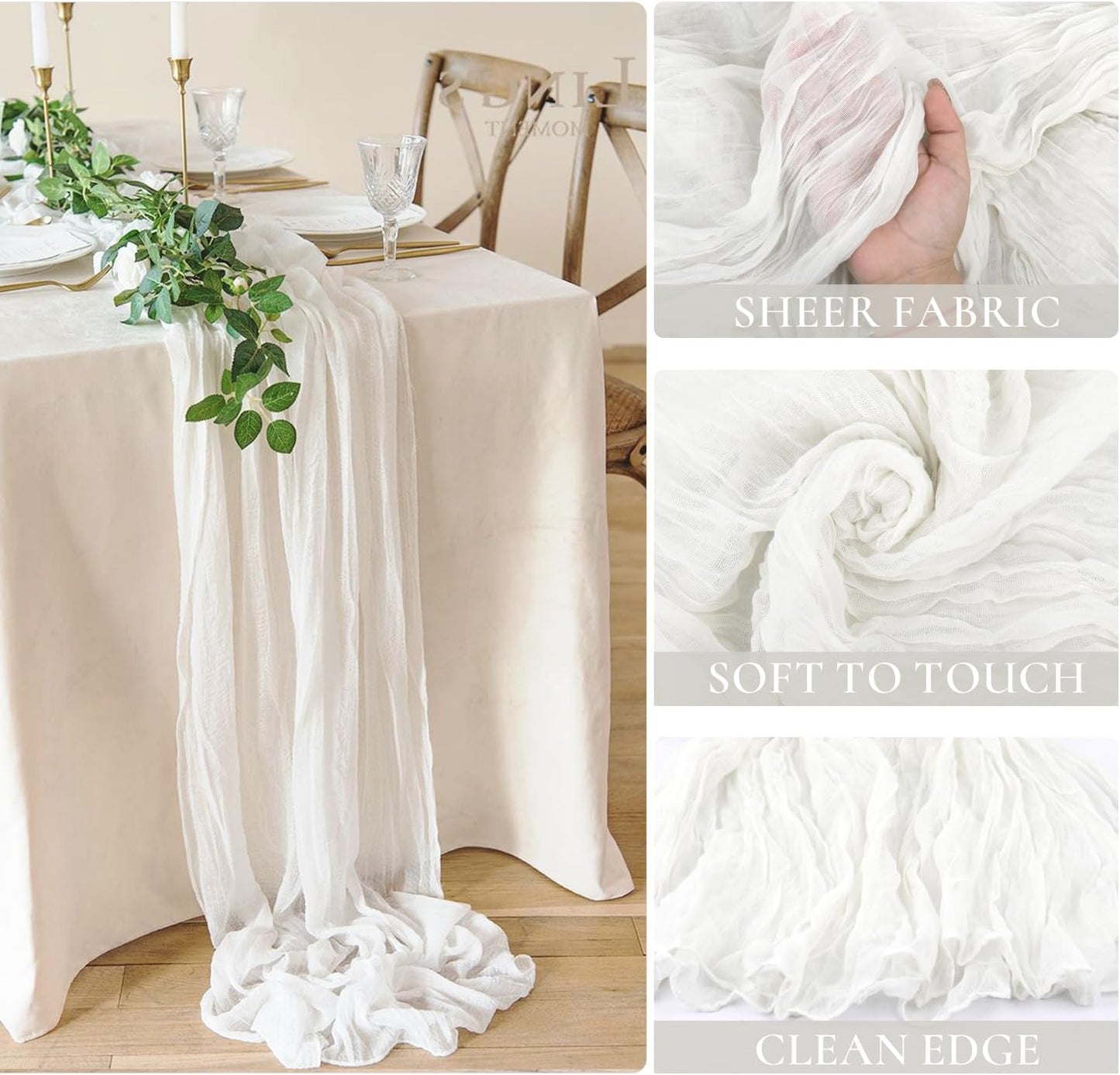 6 Pack White Cheesecloth Table Runner - 10Ft Gauze Cheese Cloth Table Runner 35x120 Inch Long Romantic White Table Cloth for Wedding Bridal Baby Shower Boho Table Decoration