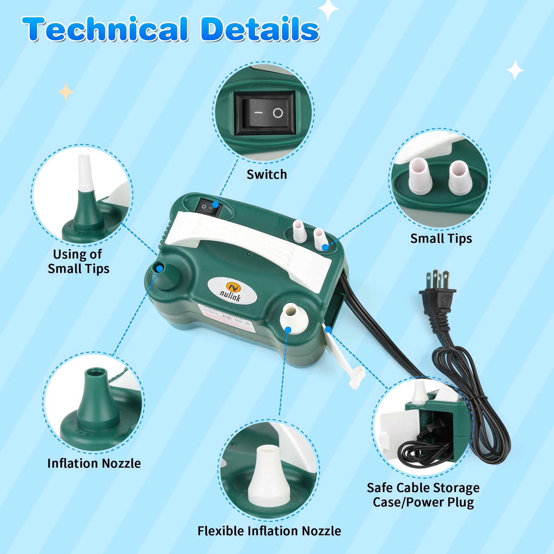 NuLink Balloon Pump Electric Portable Dual Nozzle Air Pump for Balloons Blower Pump Inflator for