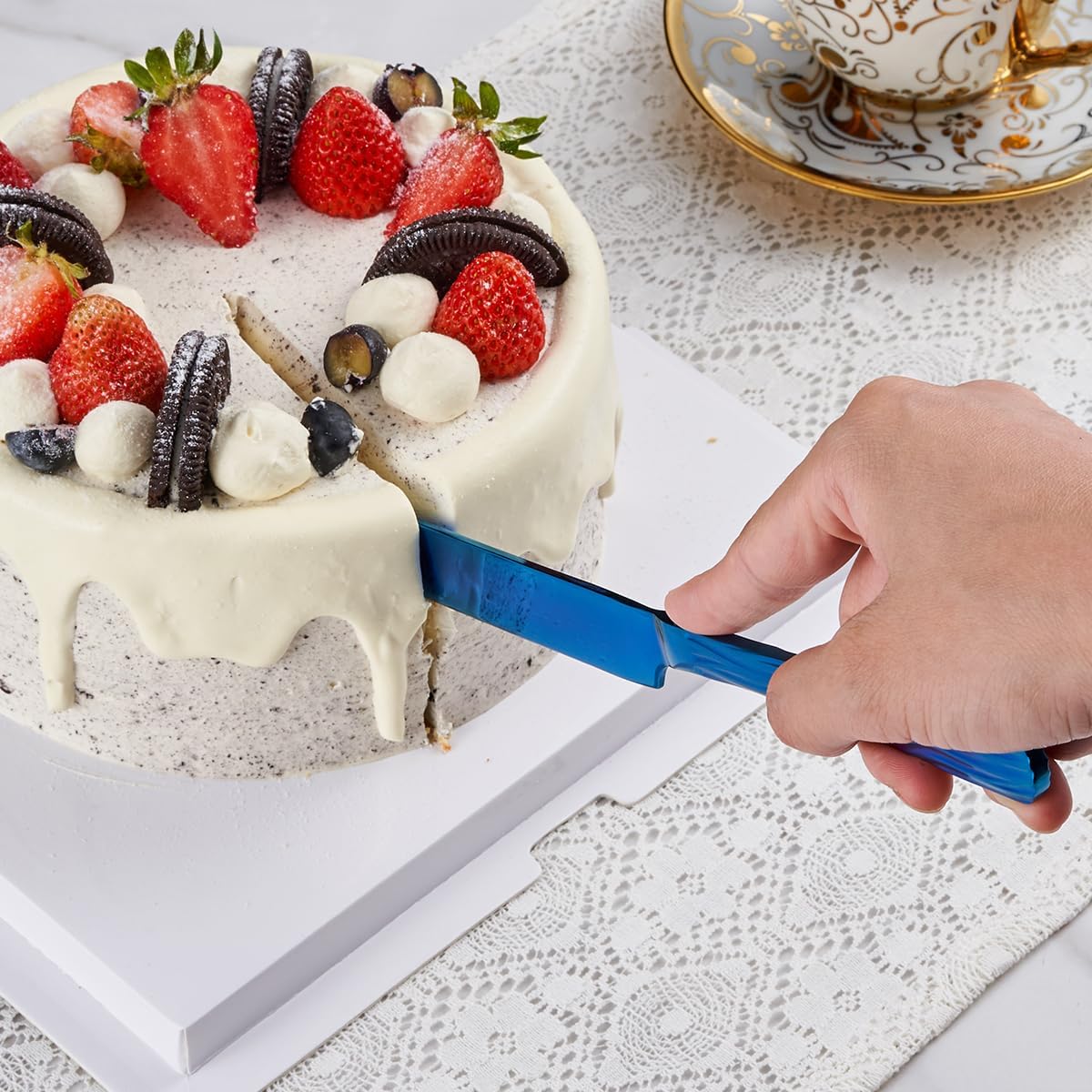Blue Cake Cutter Set, Stainless Steel Cake Cutting Utensils Include Cake Knife and Cake Server Suitable for Weddings, Birthdays, and Anniversaries