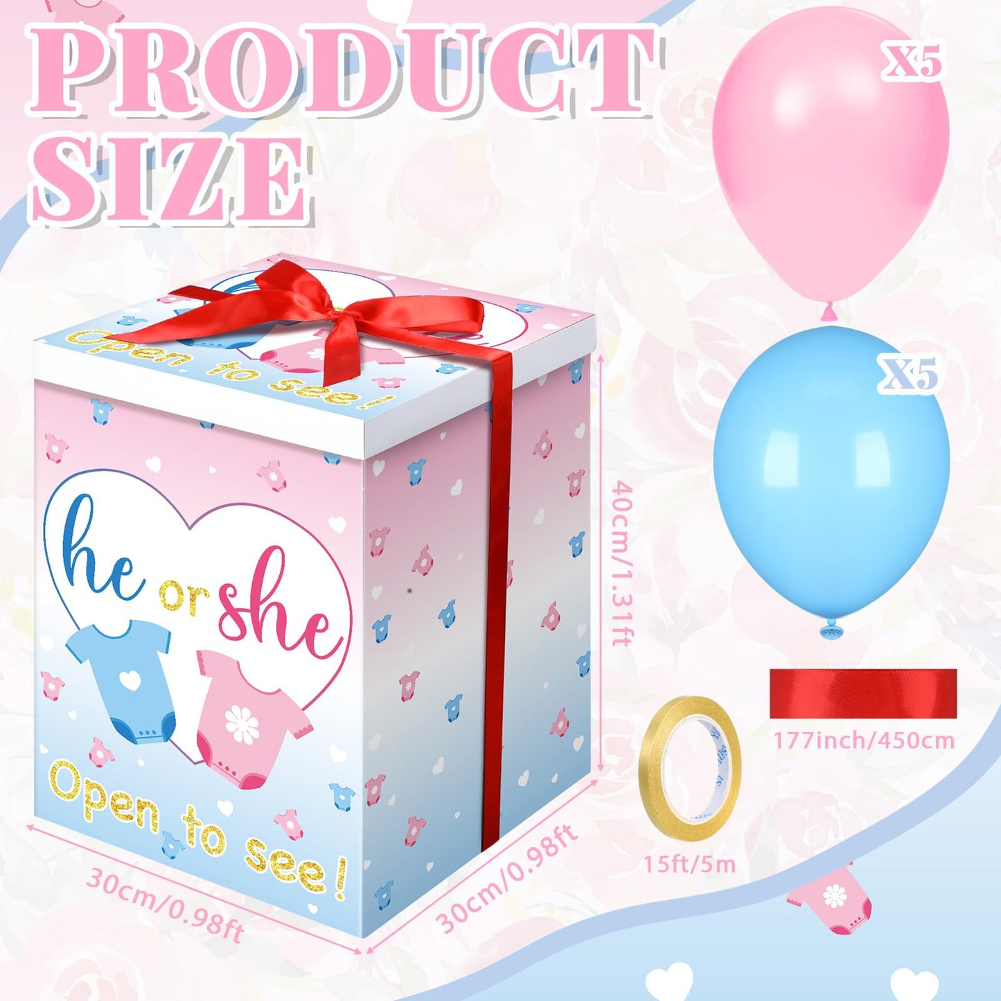 Hungdao Gender Reveal Balloon Box with Ribbon and 10 Pink and Blue Balloons Gender Reveal Games He