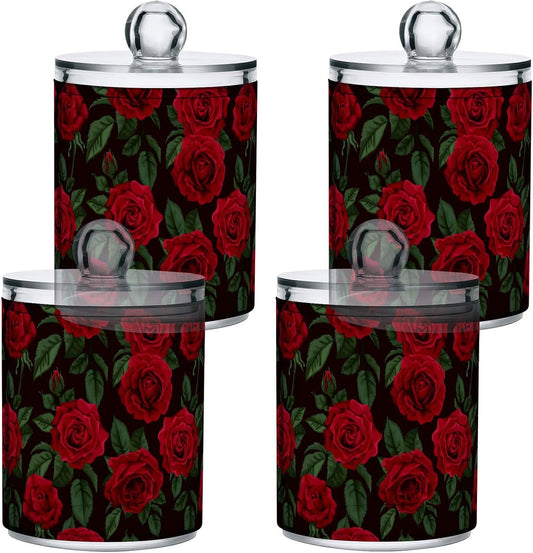Gredecor Qtip Holder Dispenser 4 Pack Red Rose Flowers Leaves Apothecary Jars with Lids Bathroom Vanity Countertop Canister Storage Organizer for Cotton Ball,Swabs,Pads,Floss