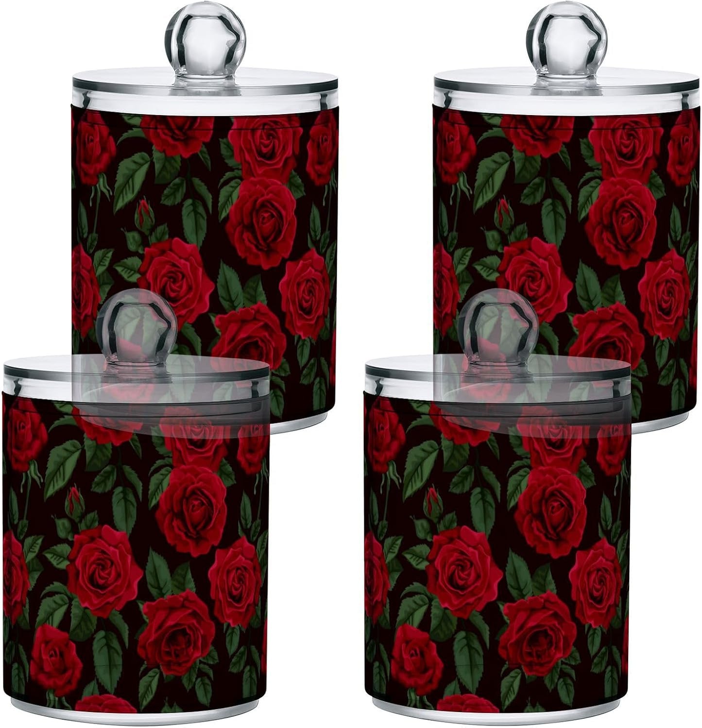 Gredecor Qtip Holder Dispenser 2 Pack Red Rose Flowers Leaves Bathroom Decorative Storage Canister Holder Counter Vanity Organizer for Cotton Ball Swabs Pads Floss