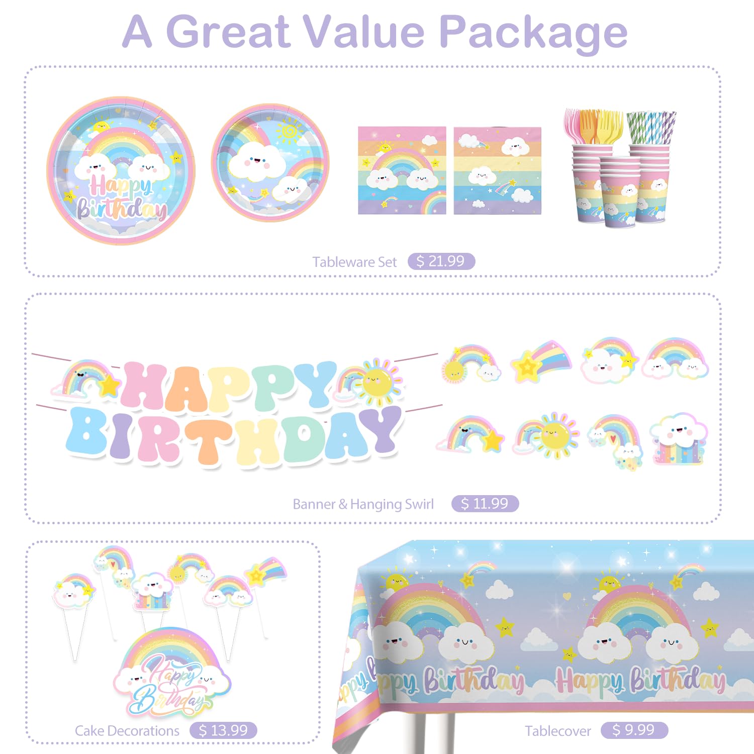 Xynic 174pcs Rainbow Birthday Decorations Tableware Complete Party Set