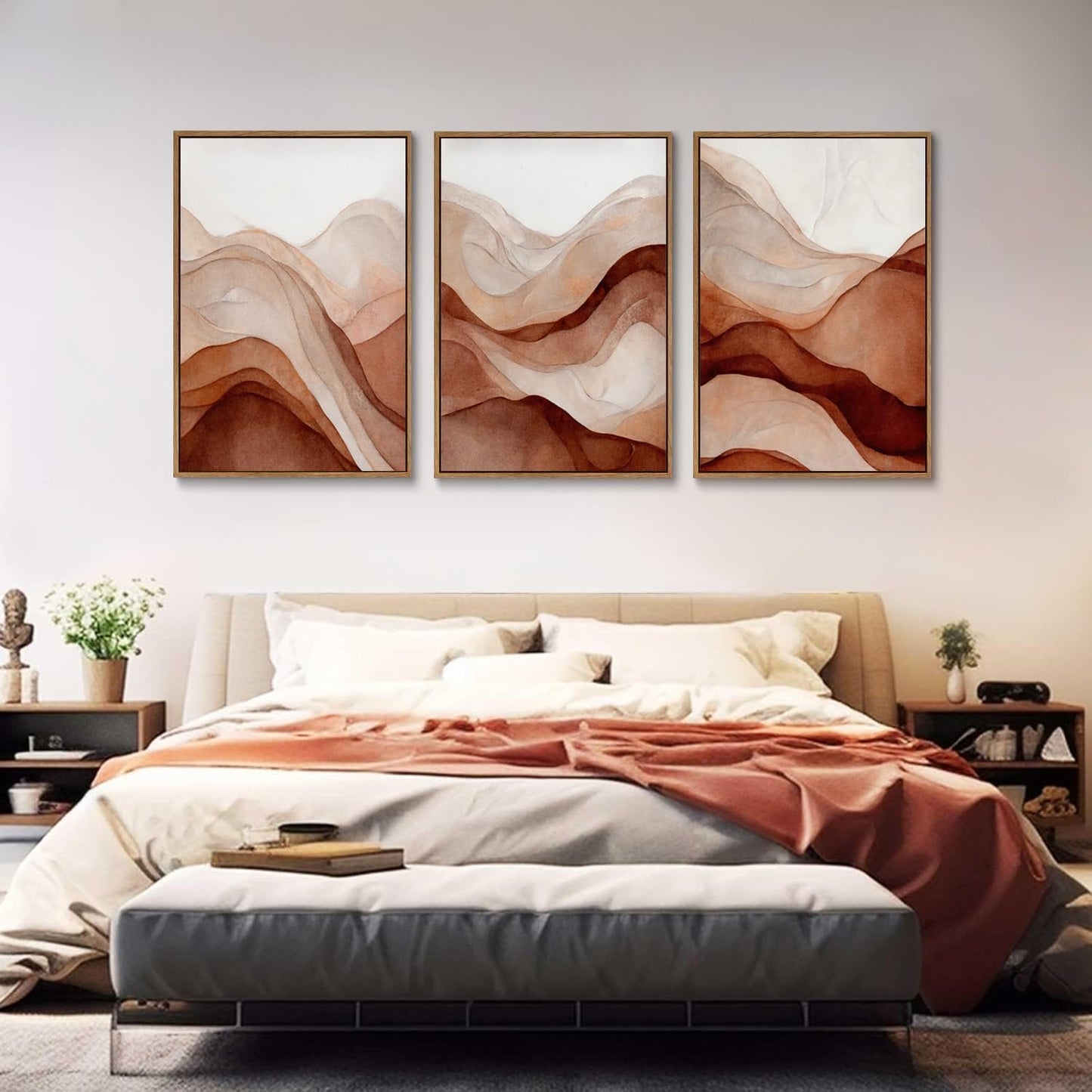 myusuar 3 Piece Large Abstract Framed Wall Art For Living Room, Smoke Texture Ink Warm Brown Terracotta Canvas Wall Art Modern Minimalist Art Prints Wall Décor For Bedroom Office 12x16in