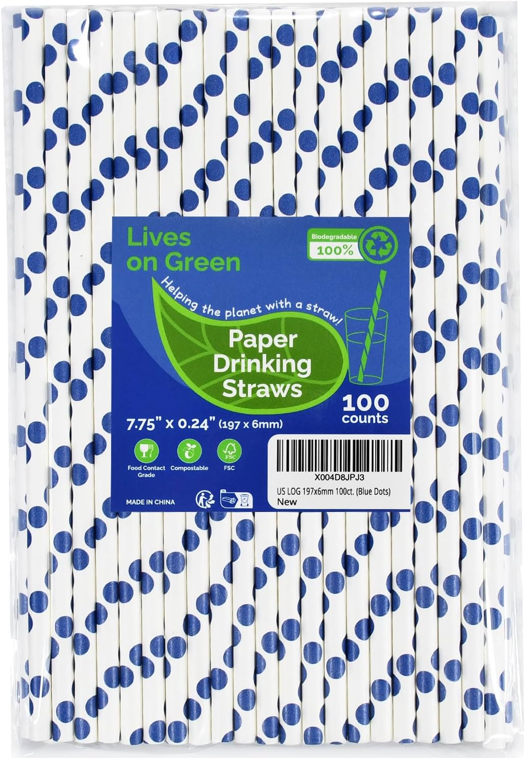 100 Counts Blue Polka Dots Paper Disposable Drinking Straws 7.75 inch, 0.24" Dia. - for Cocktail, Juice, Bar, Restaurant