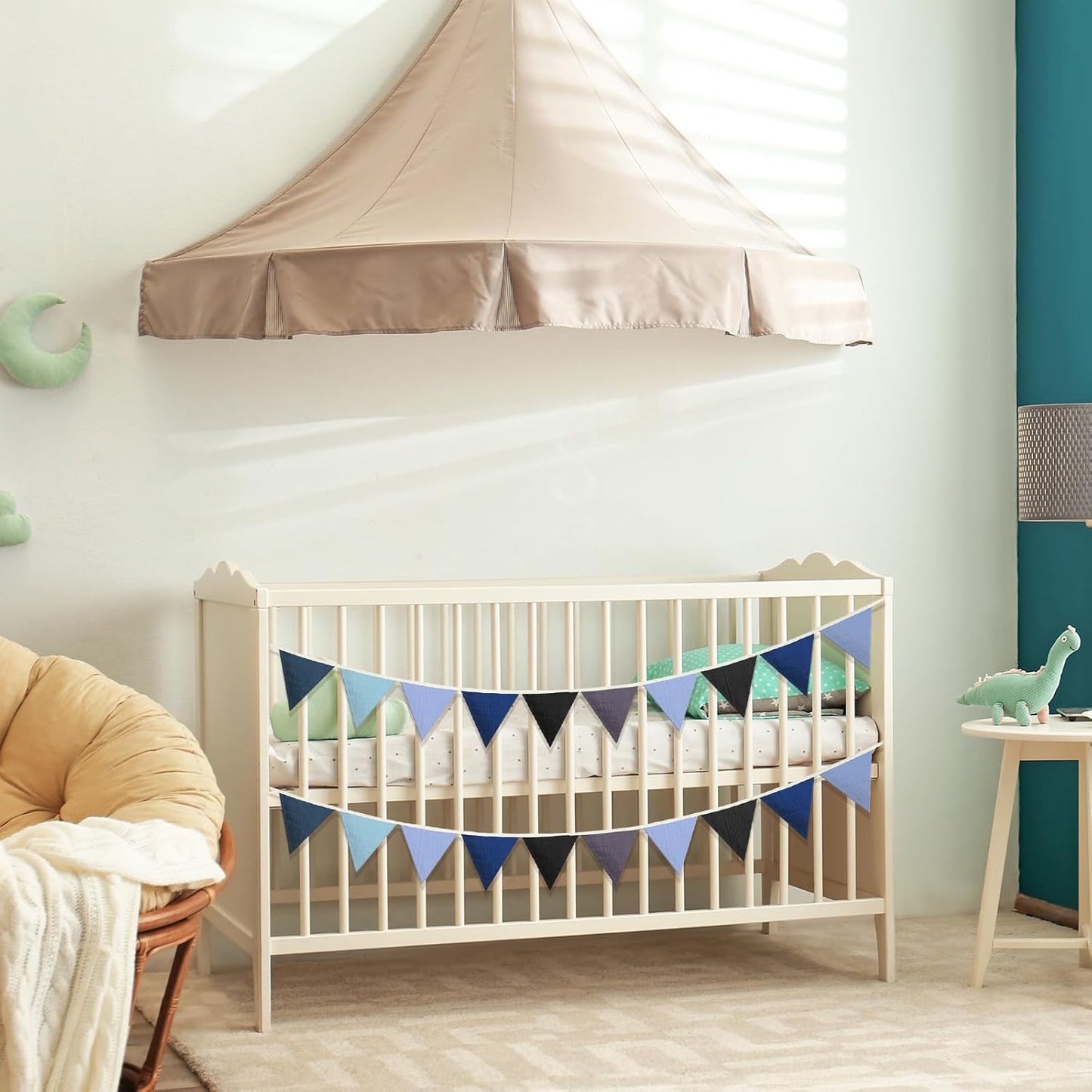 Oudain 15.5 ft Pennant Banner Flags, 2 Pcs Nursery Garland Triangle Bunting Flag Baby Banner for Nursery Decor Baby Birthday Boho Wedding Shower Party Event, Each 7.75 ft(Blue Color)