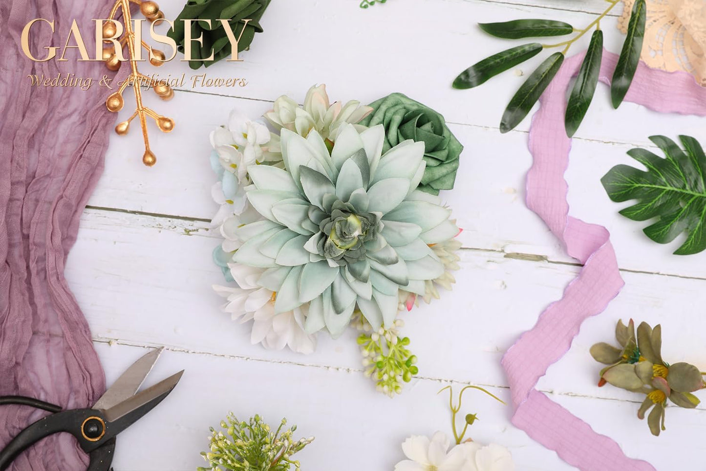 Artificial Flowers Combo, Mix Silk Flowers Roses, Peonies, Dahlias with Stems for DIY Wedding Bridal Bouquets, Baby Shower, Table Centerpieces, Home Decor, Fake Floral Arrangements-Elf Green