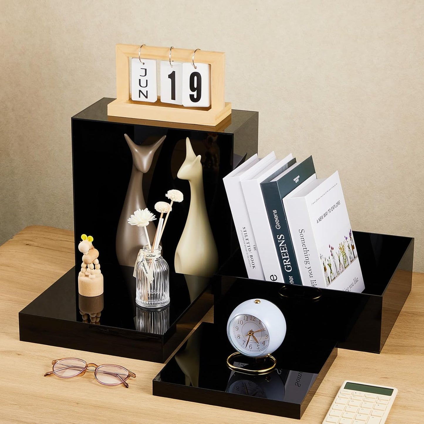 Leinuosen 7 Pcs Large Buffet Risers Set 6" to 12" Acrylic Display Box Catering Dessert Table Riser Food Display Decorative Stand with Hollow Bottom for Catering Supplies(Black, Square)