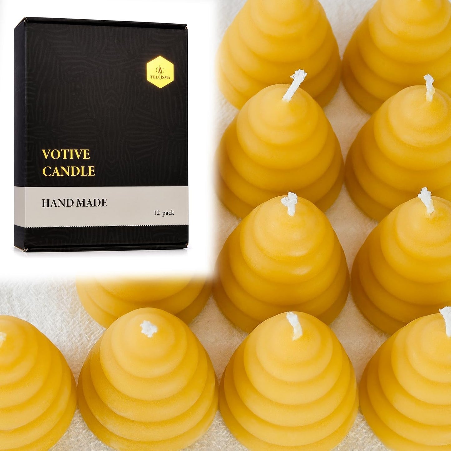 Pack of 12 Beeswax Votive Candles - Beehive Shape Novelty Candle, Perfect Thank You Gift for Mom & Wife or Guest Gifts for Baby Shower bee Theme - Yellow