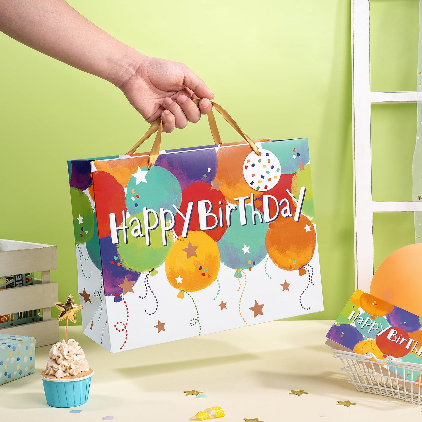 Loveinside Colorful Birthday Gift Bag, Balloons Pattern with HAPPY BIRTHDAY Text, Matching Tissue