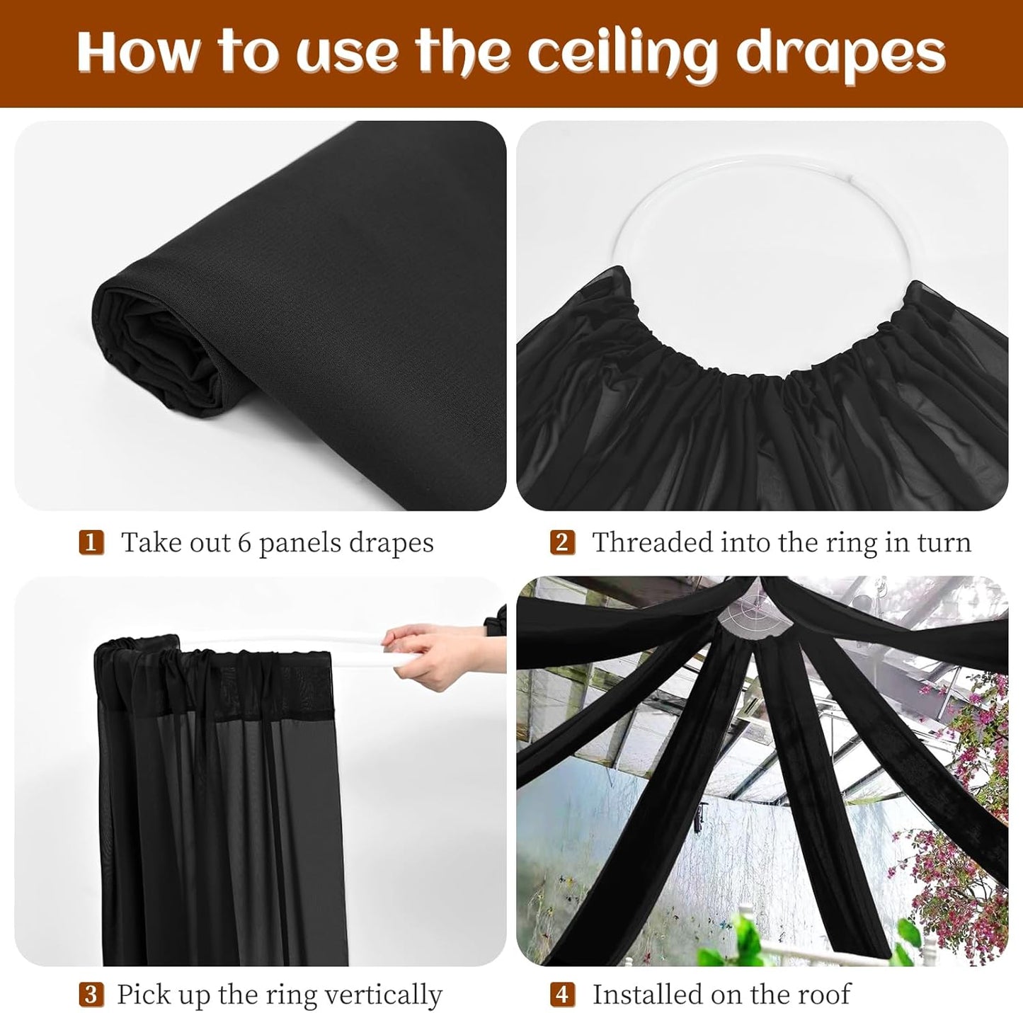 6 Panels Black Ceiling Drapes 5ftx20ft Wedding Chiffon Fabric Arch Draping Sheer Curtains Soft Drapery for Party Ceremony Stage Swag Decorations