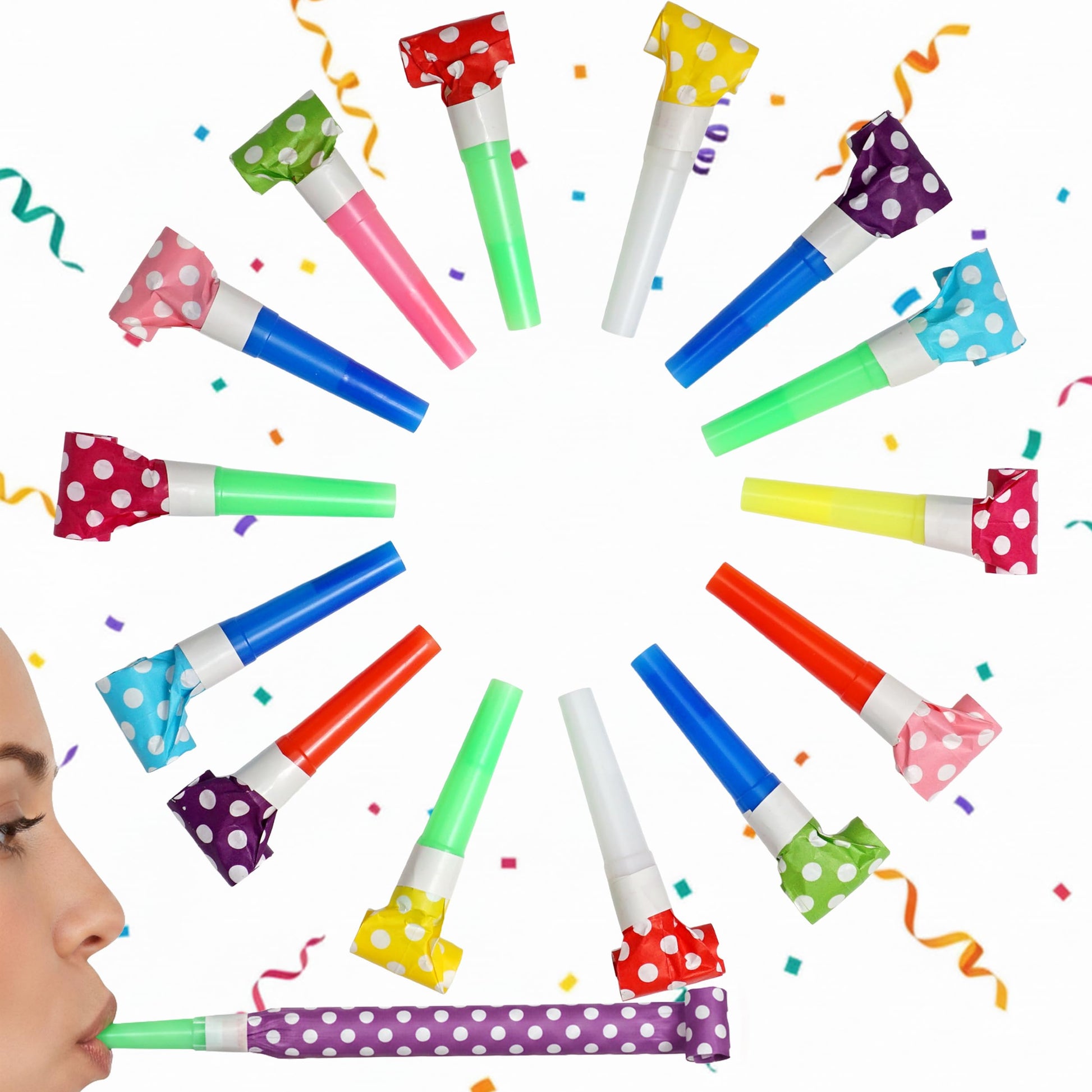 25 Pack Assorted Color Polka Dot Noise Makers, Party Blowers, Party Horns